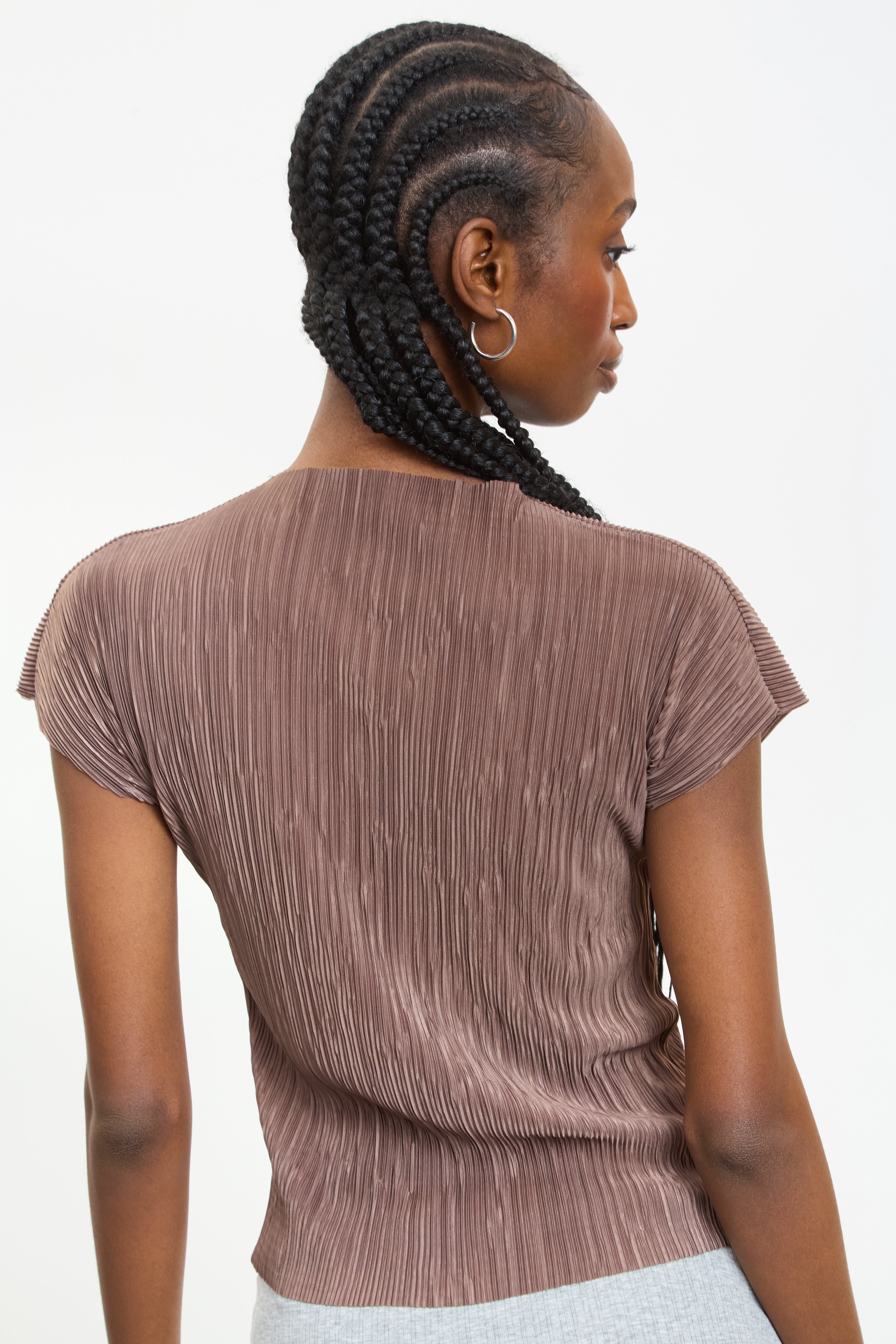 Brown pleat ribbed short sleeved top_2