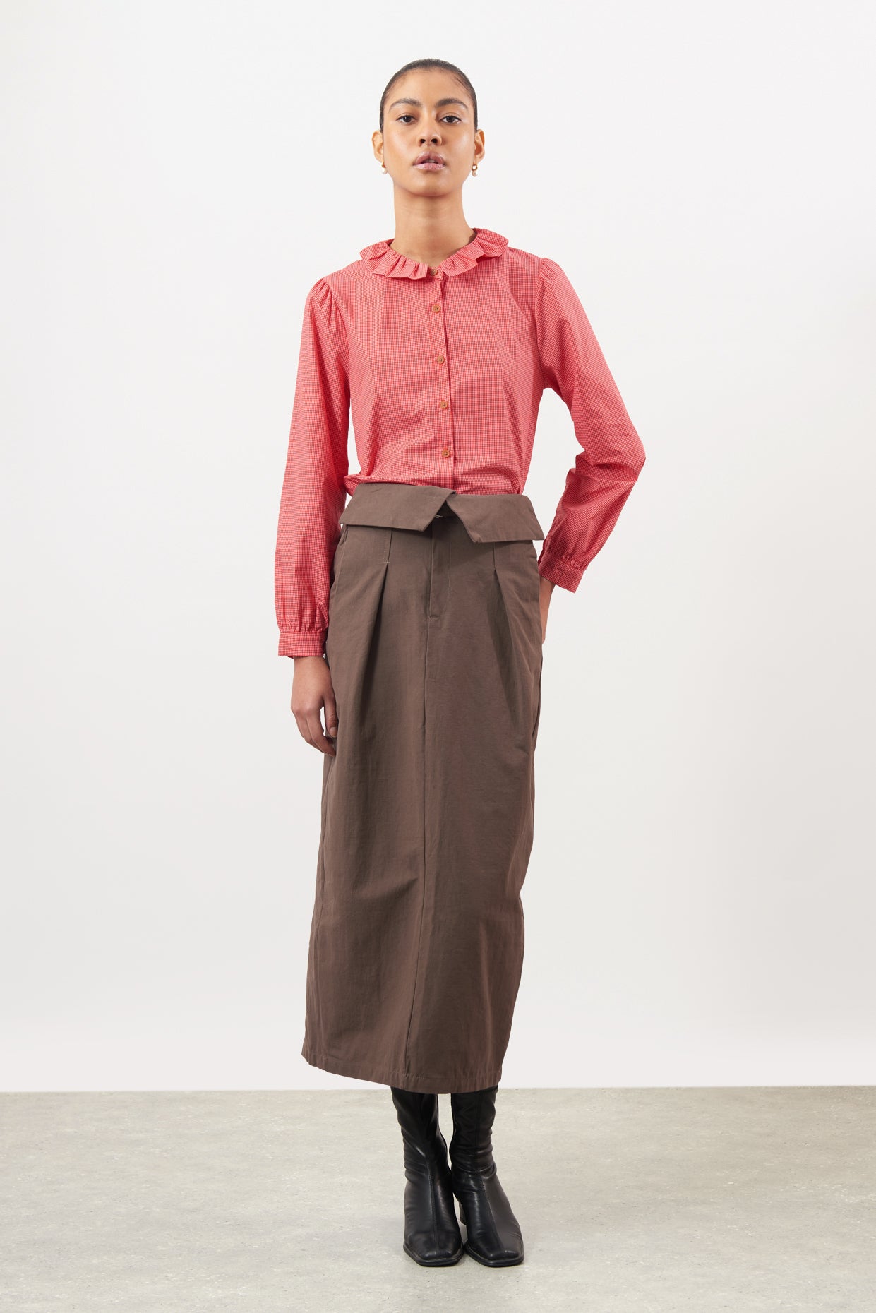 Brown pure cotton paper bag waist skirt_2