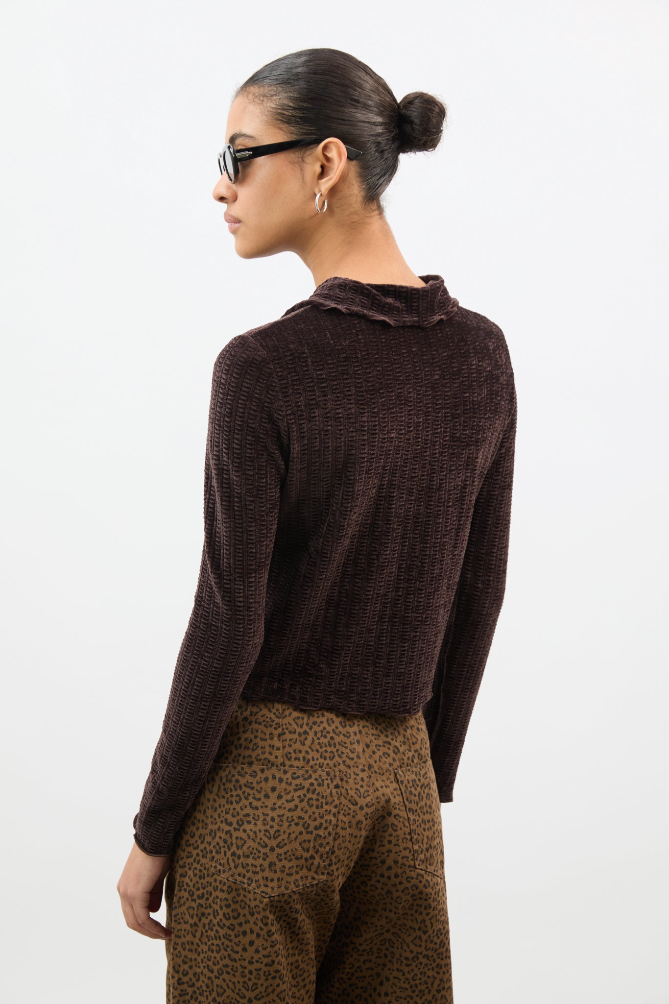 Brown textured velvet ruffle trim long sleeve top_3