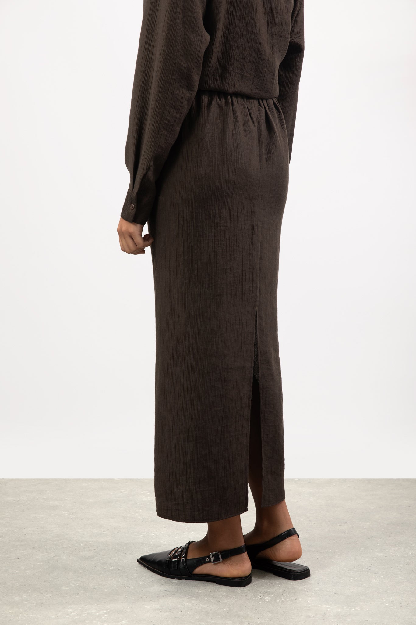 Brown textured wool blend midi skirt_2