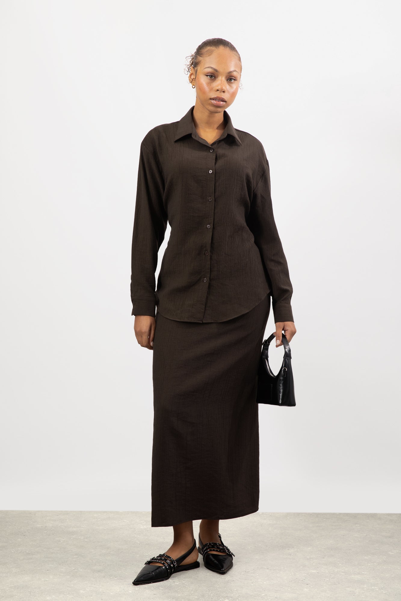 Brown textured wool blend tie waist shirt_4