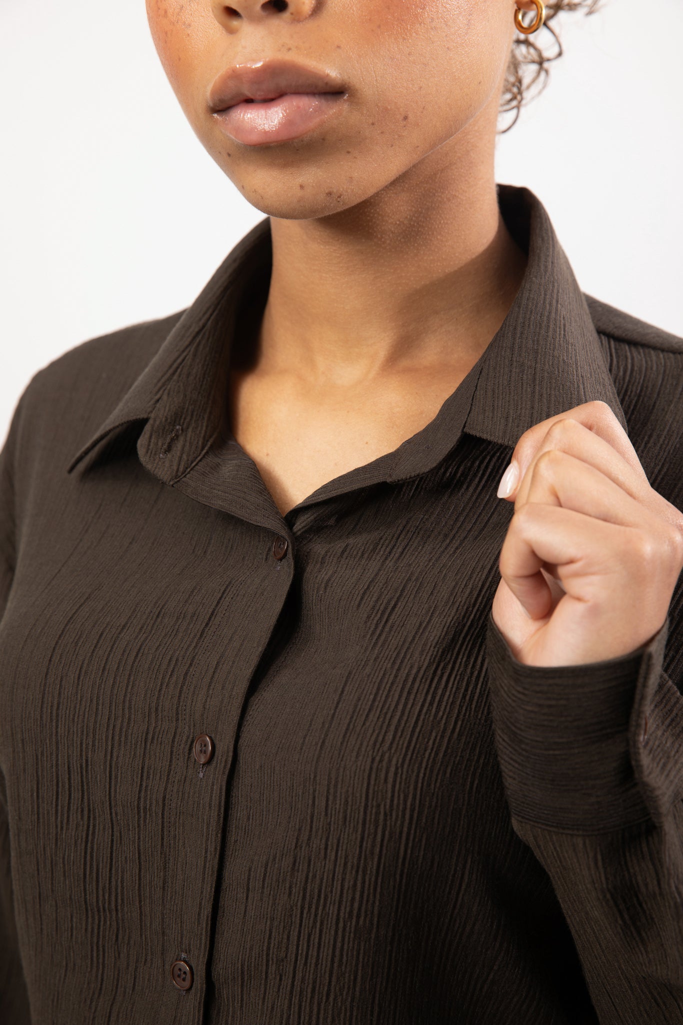 Brown textured wool blend tie waist shirt_3