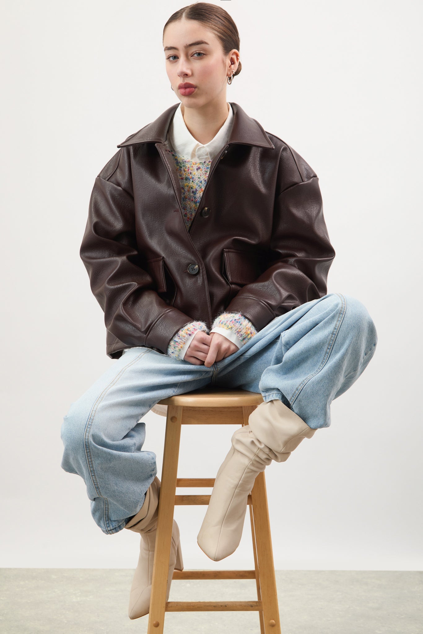 Brown vegan leather button up short jacket_7