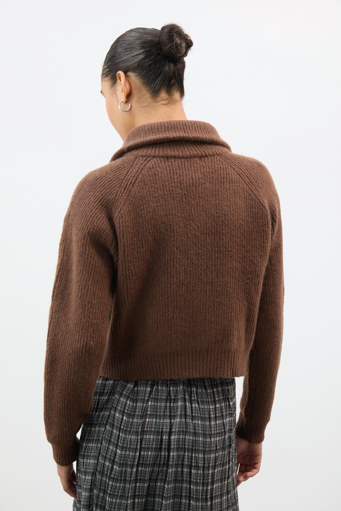 Brown wool blend ribbed wide collar cardigan_2