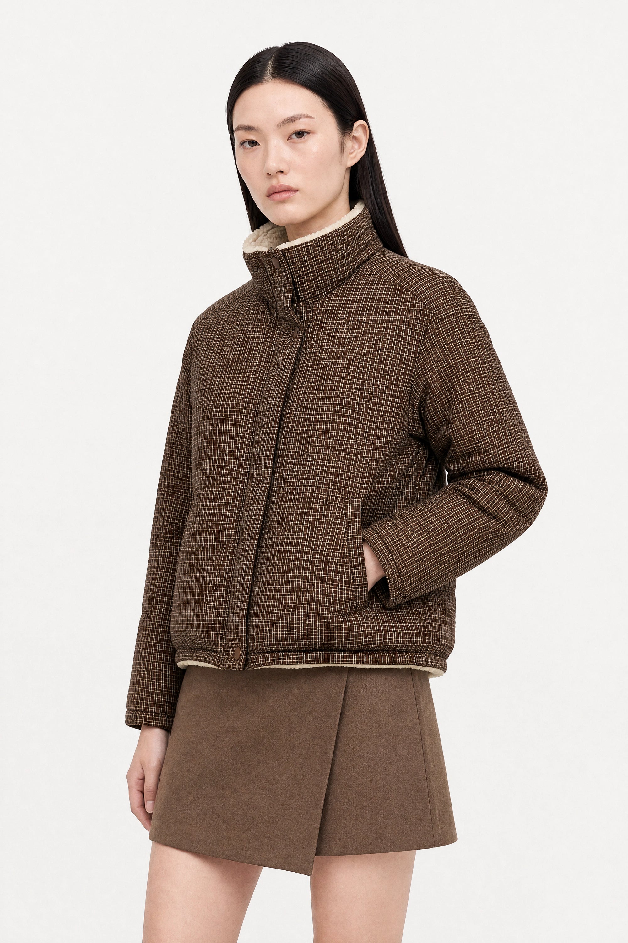 Brown checked reversible teddy fleece jacket_3