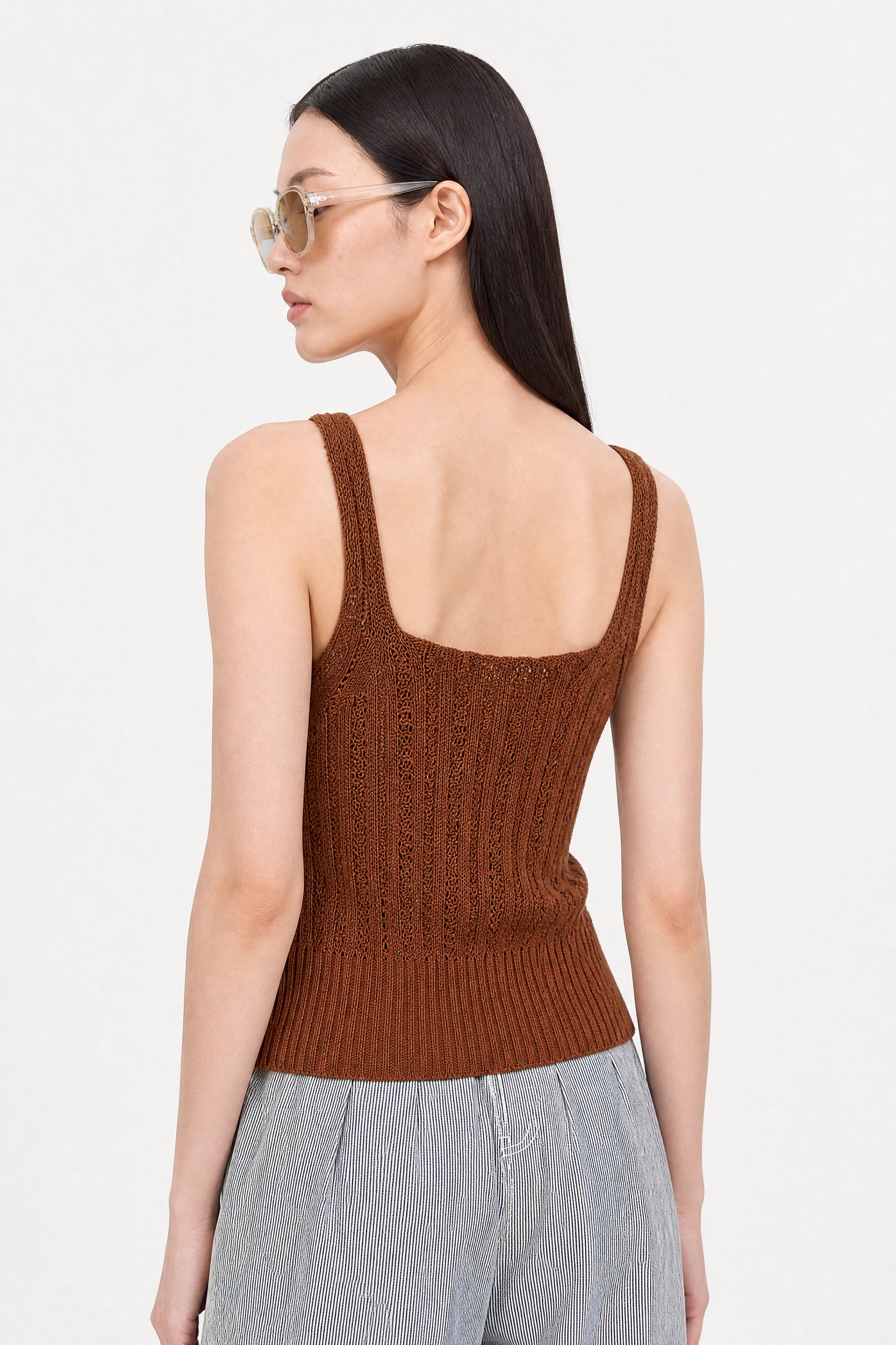 Brown textured ribbed button front knit tank_3