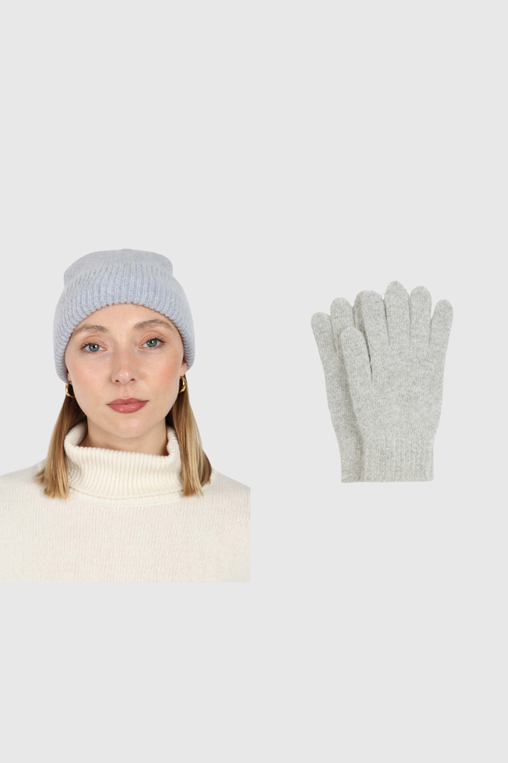Pale grey mohair beanie and wool blend gloves set