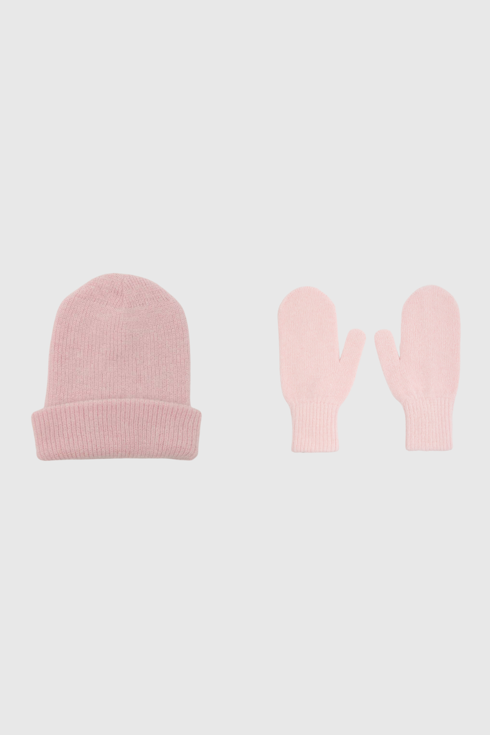 Pale pink mohair beanie and mittens set