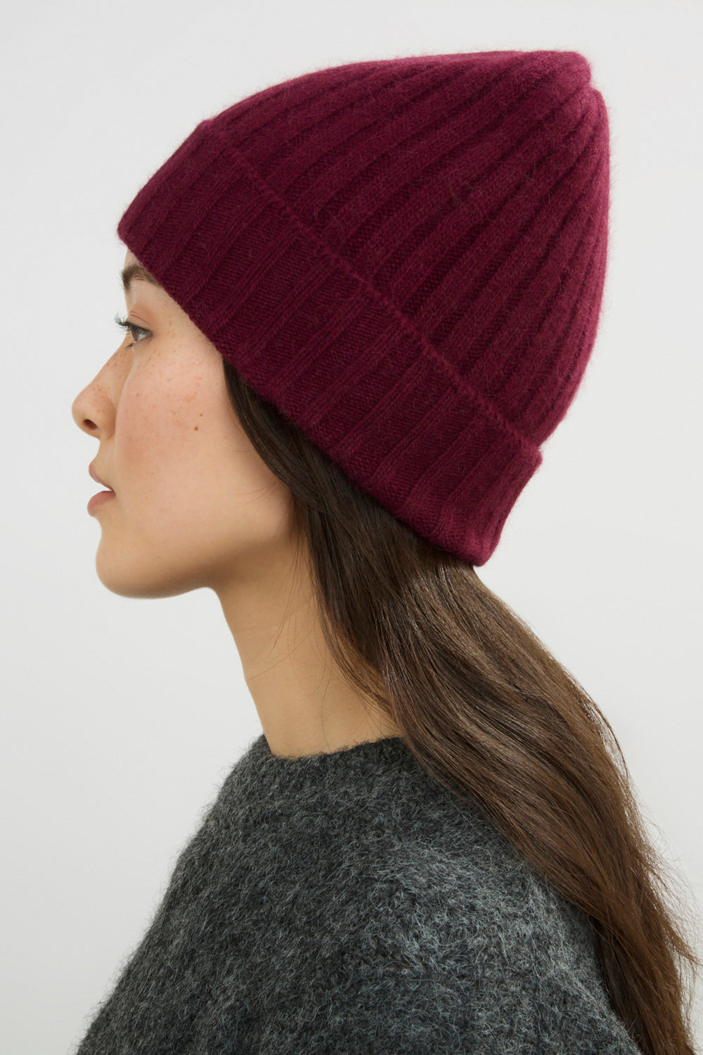 Burgundy angora wool blend large ribbed beanie hat_4