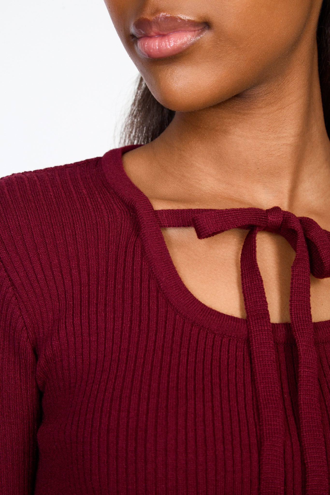 Burgundy cross tie ribbed knit top_4