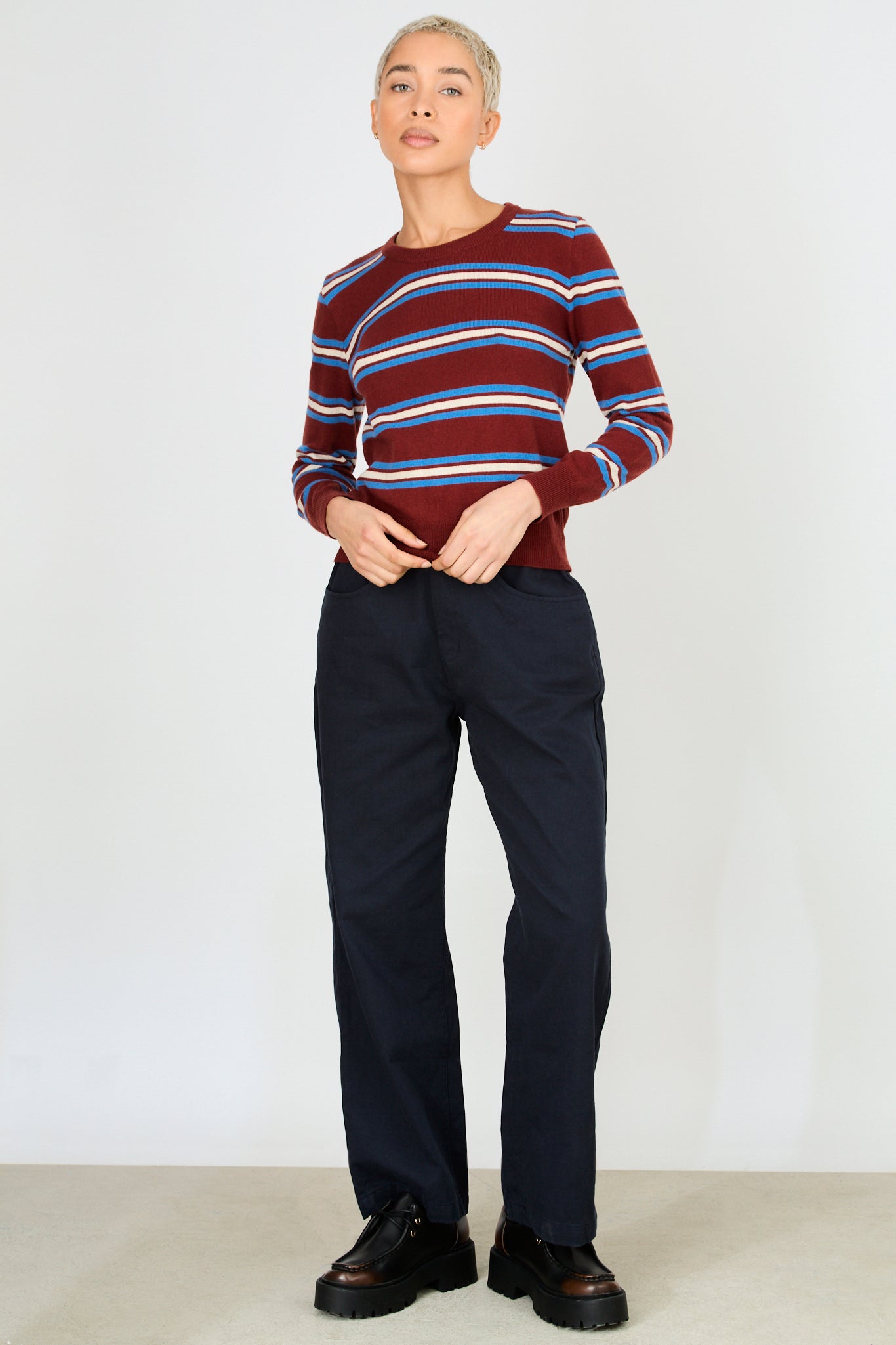 Burgundy white and cobalt horizontal striped wool blend knit top_4