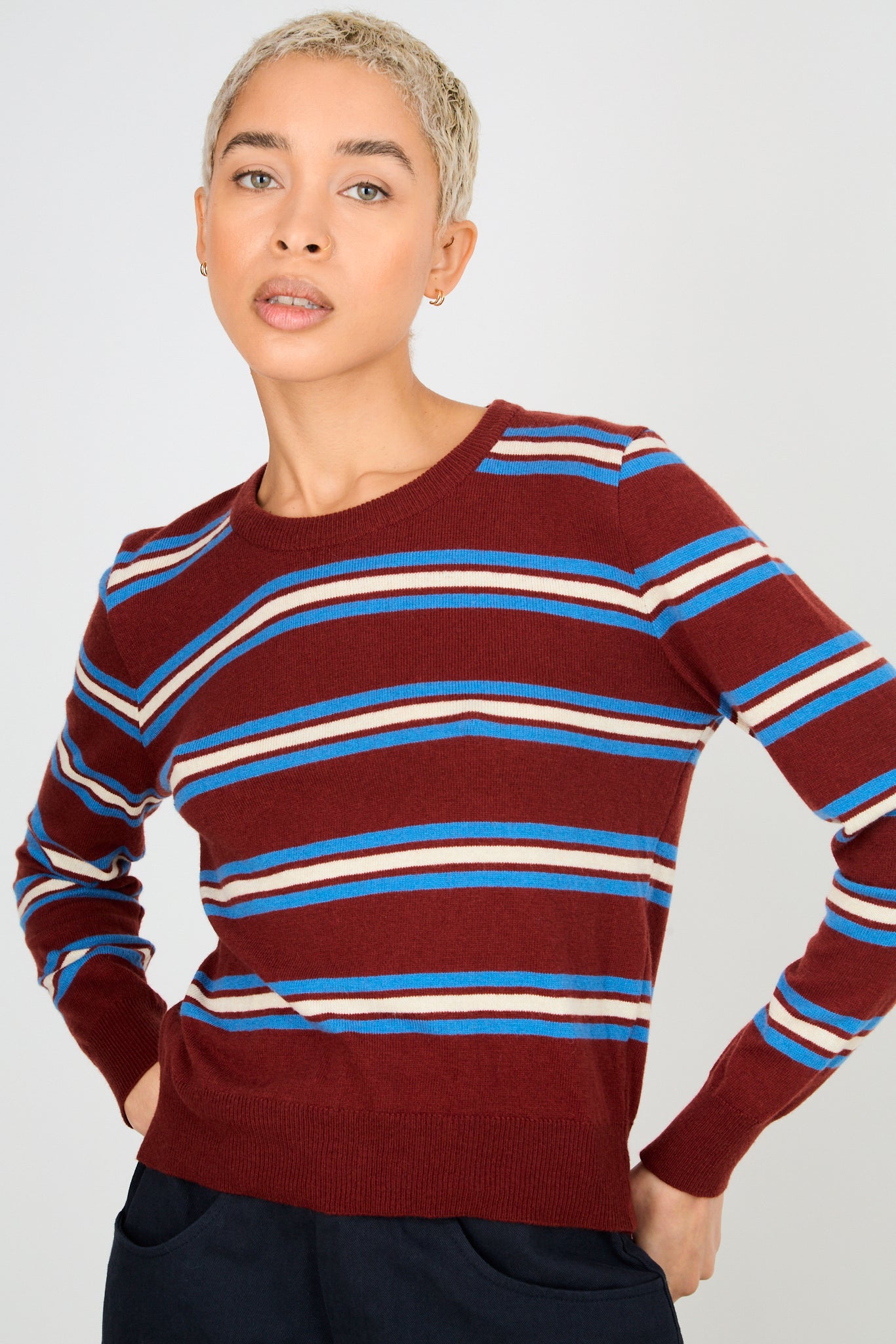 Burgundy white and cobalt horizontal striped wool blend knit top_1