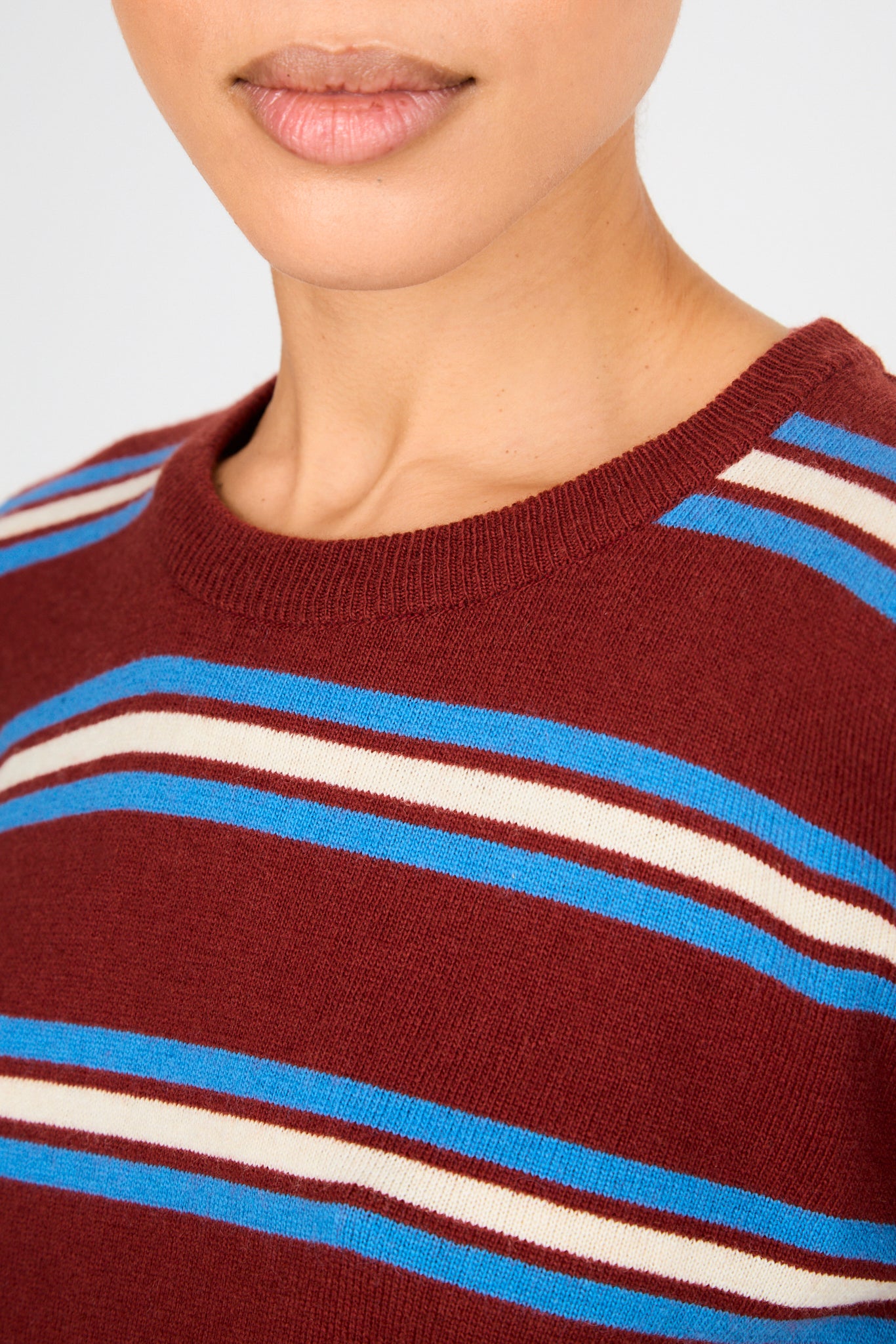 Burgundy white and cobalt horizontal striped wool blend knit top_3