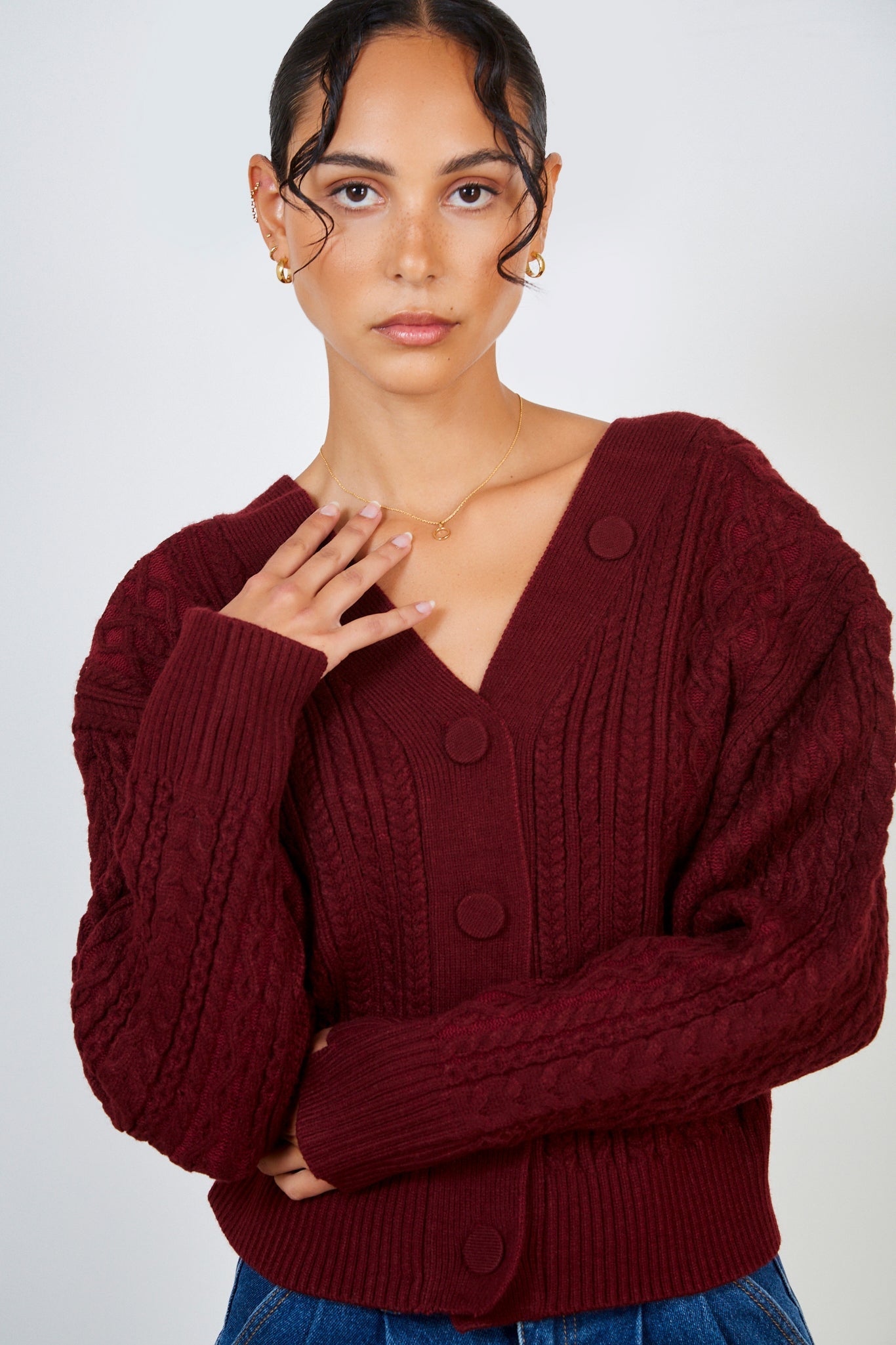 Burgundy chunky cableknit cardigan_1