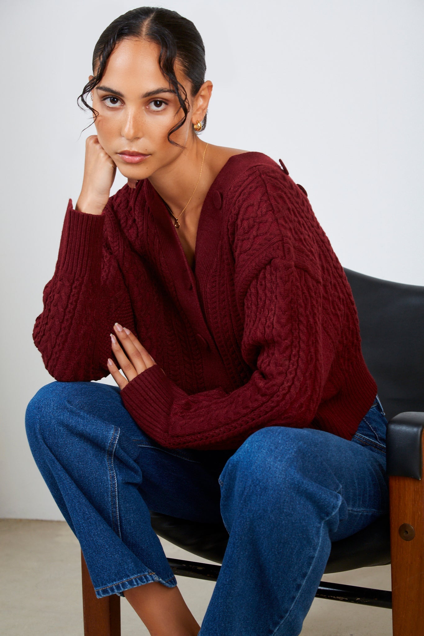 Burgundy chunky cableknit cardigan_5