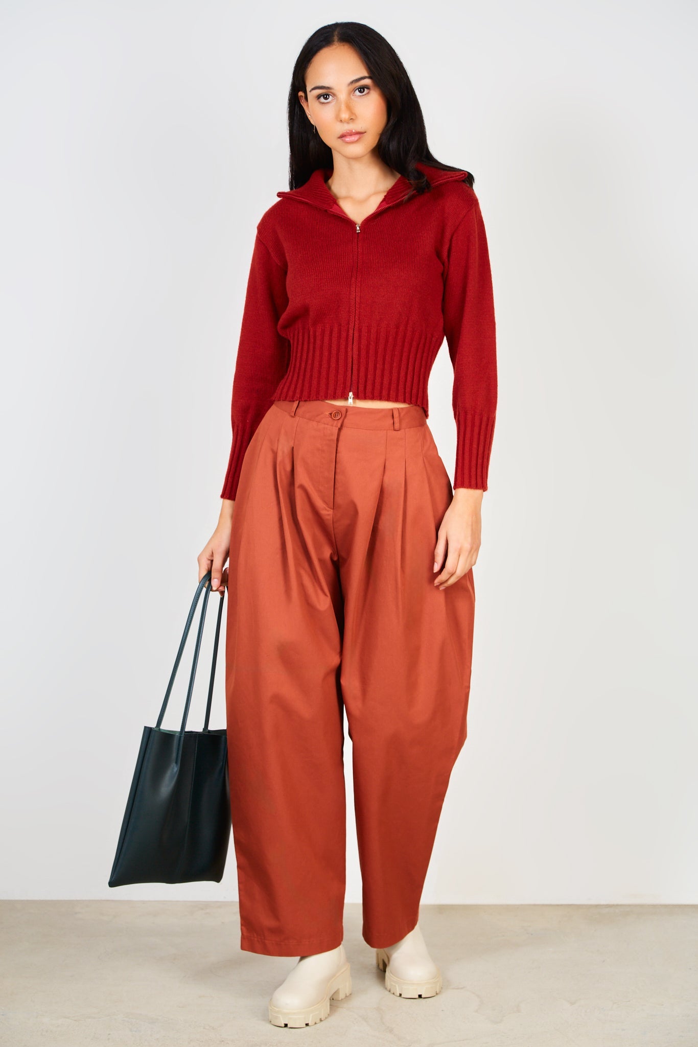 Burgundy high neck double zip cardigan_2