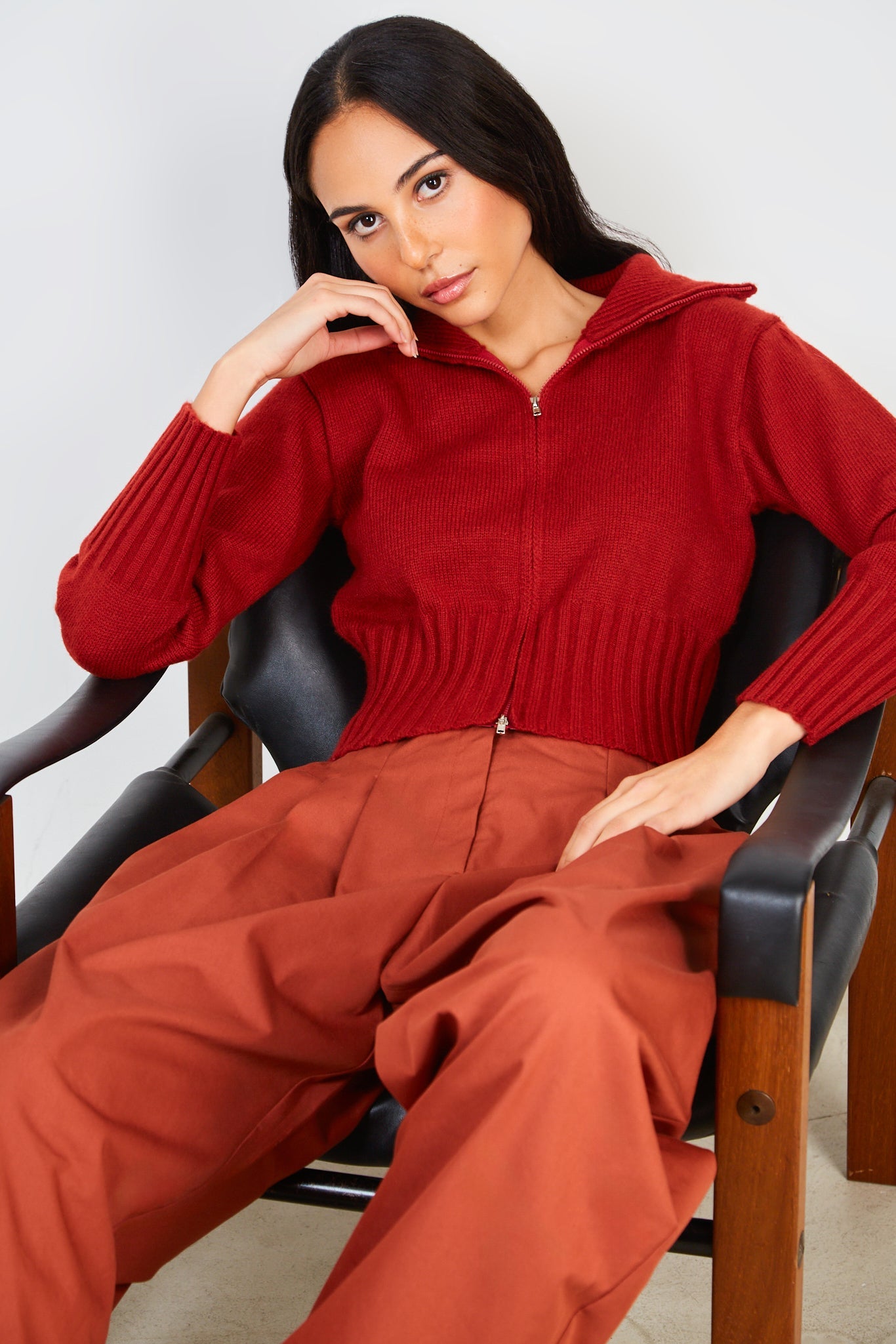 Burgundy high neck double zip cardigan_4