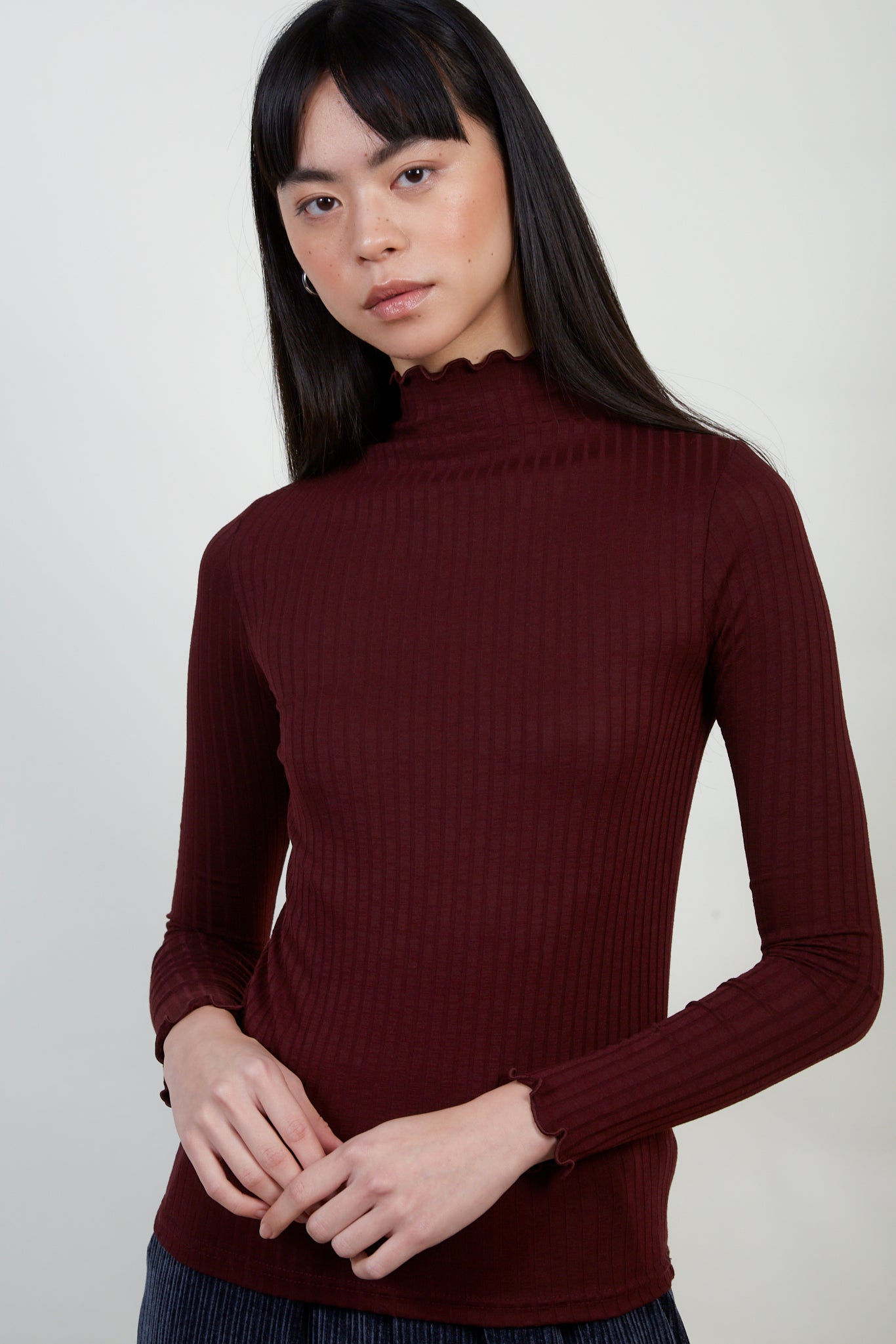 Burgundy ribbed mock neck ruffle trim top_1