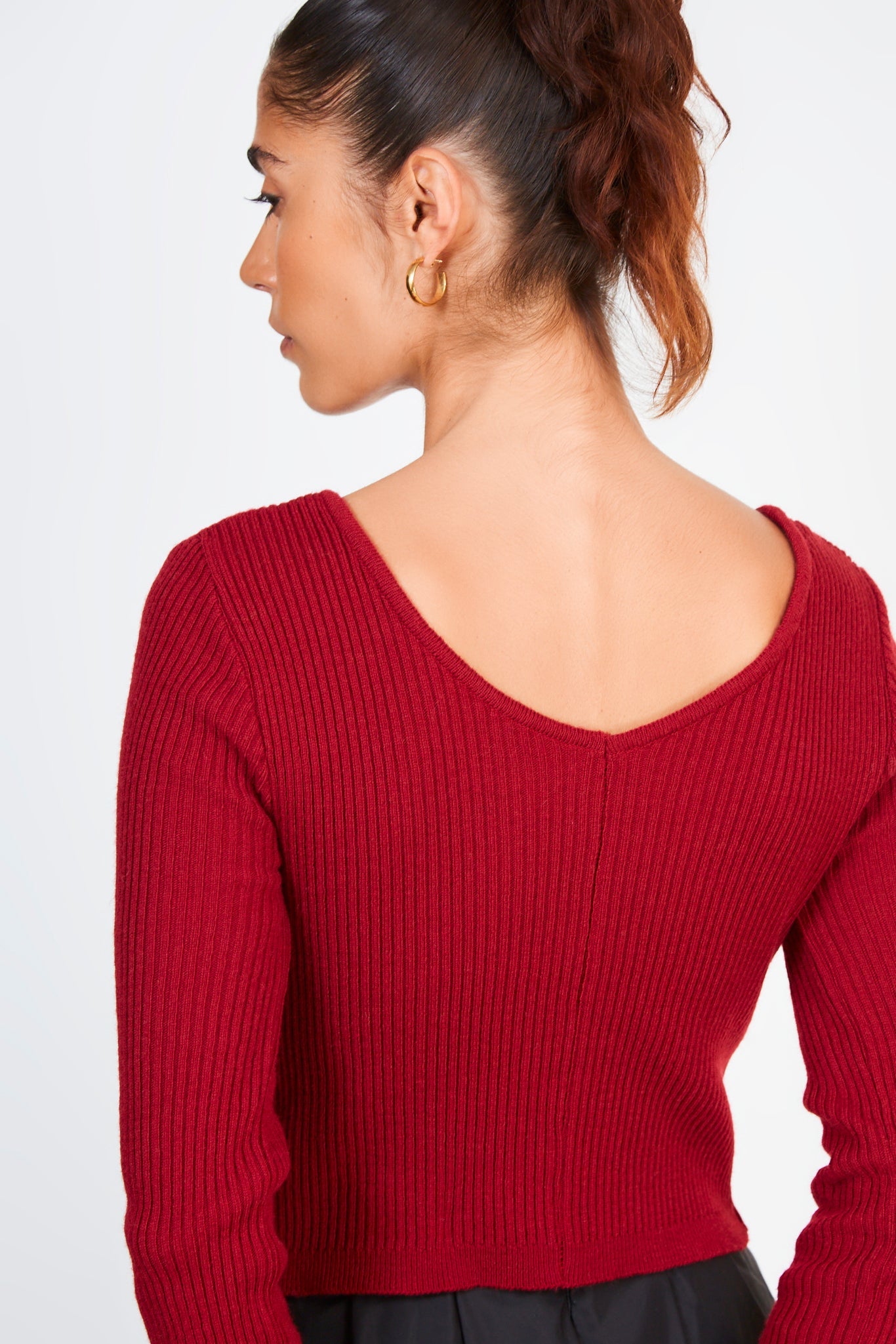 Burgundy ribbed wool blend V knit cardigan_2