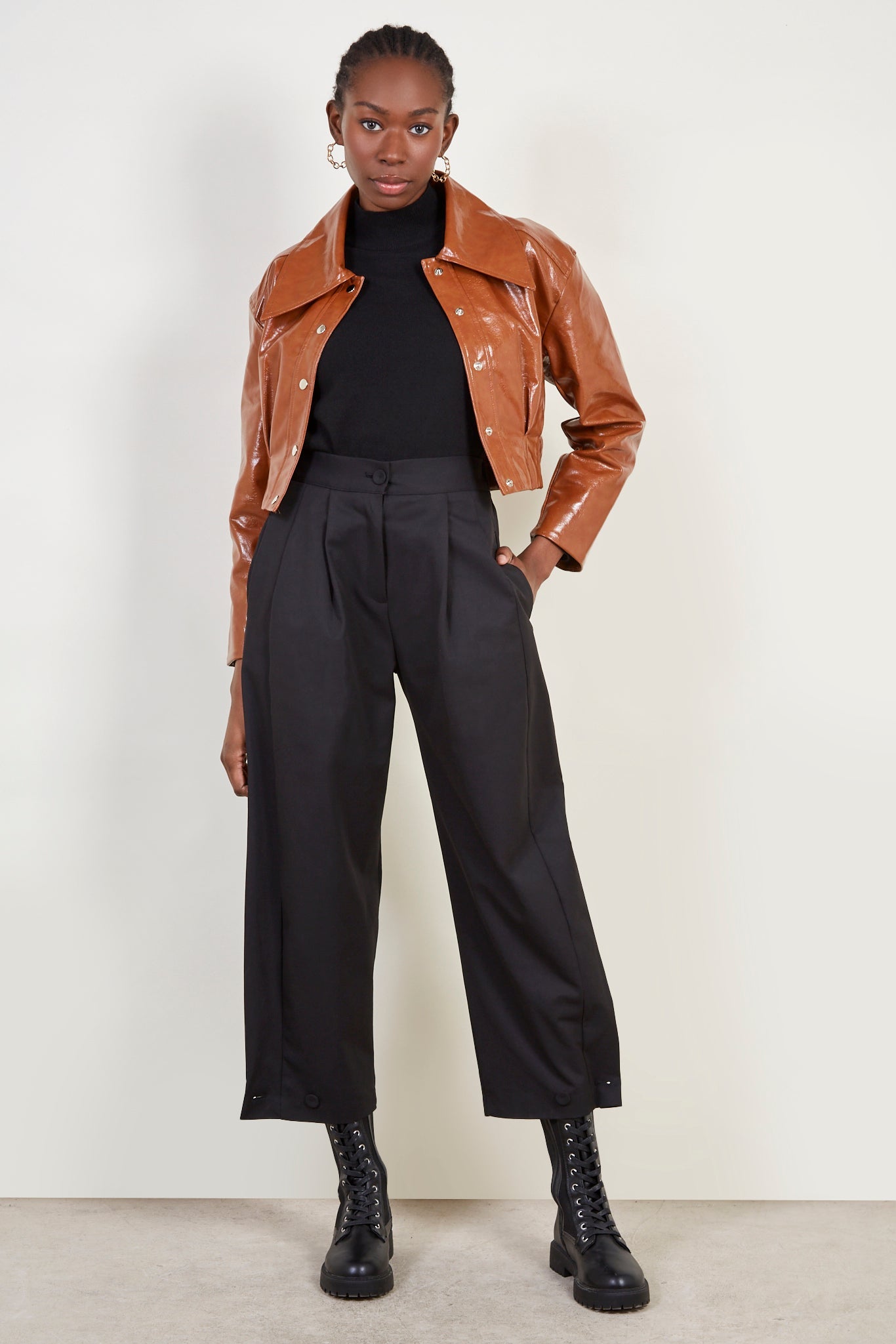 Camel vegan leather short jacket_3