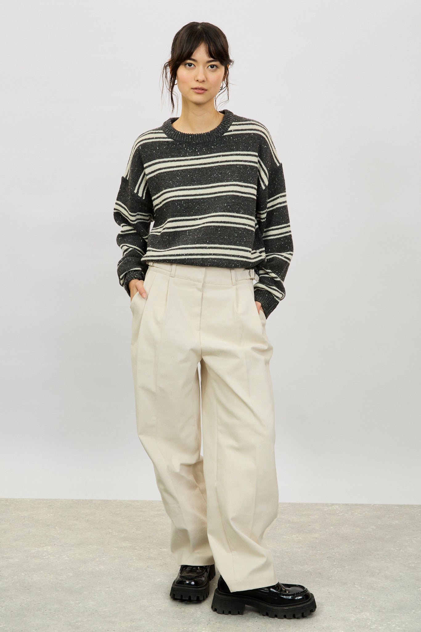 Charcoal fleck and ivory striped wool blend jumper_4