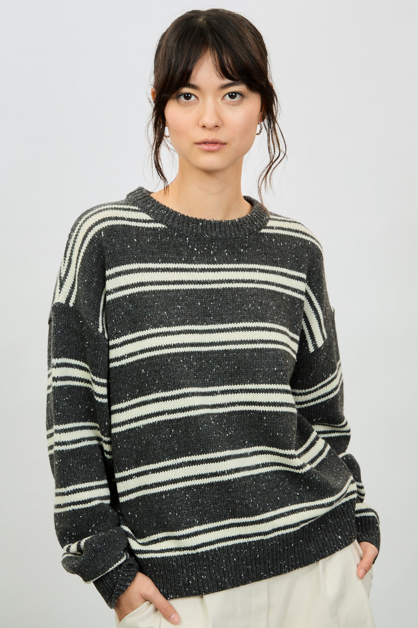 Charcoal fleck and ivory striped wool blend jumper_1