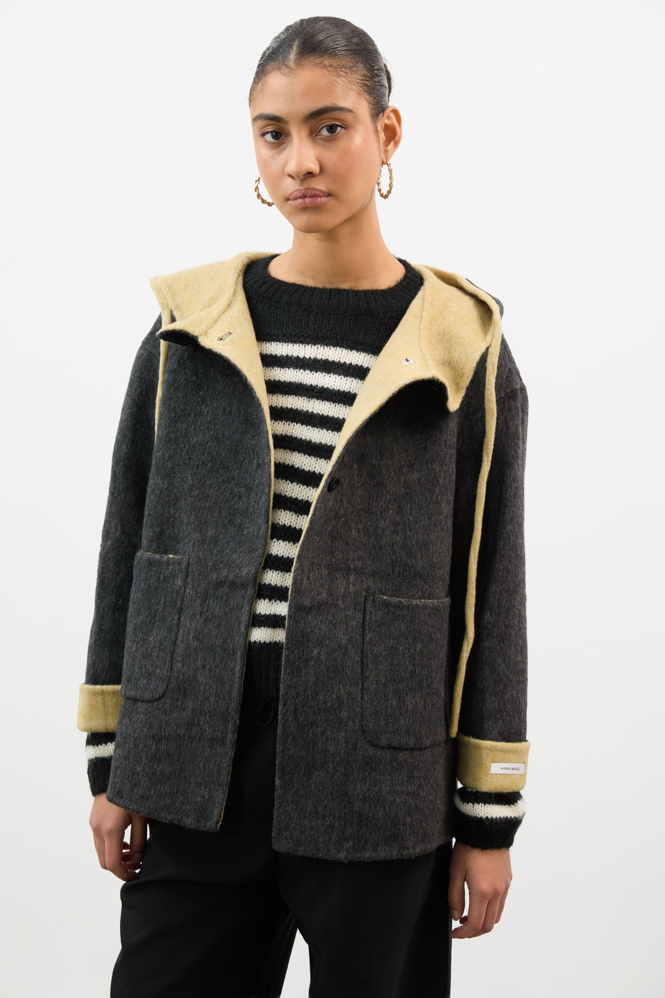 Charcoal grey and yellow wool blend hooded coat_2