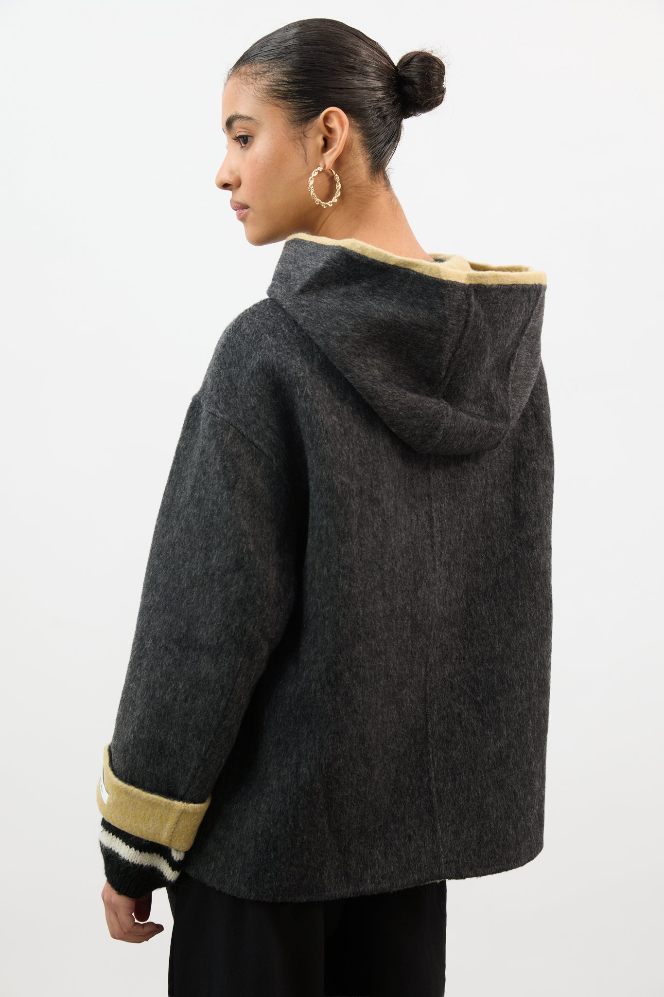 Charcoal grey and yellow wool blend hooded coat_3