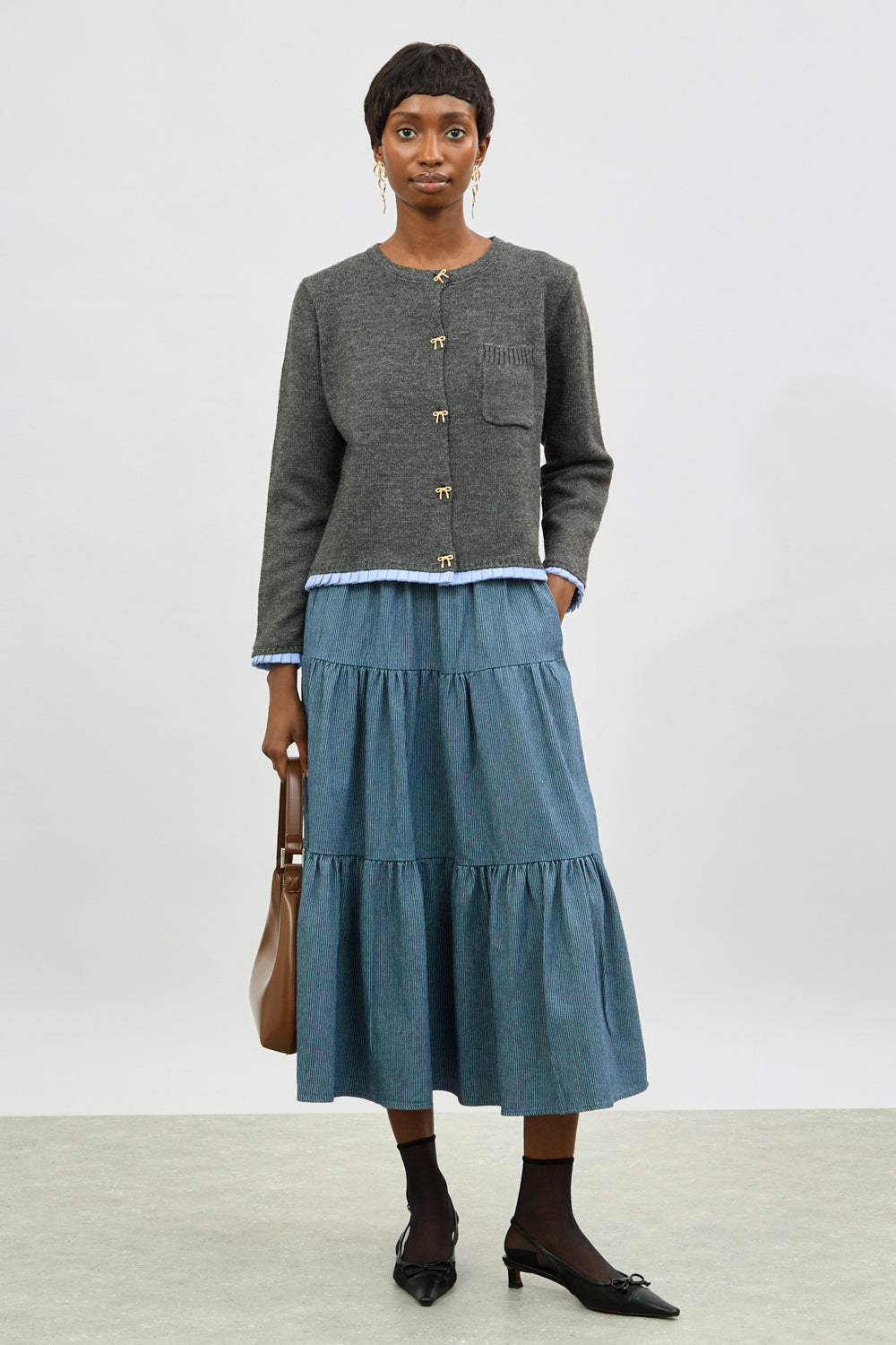 Charcoal grey bow button pleat hem cardigan_4