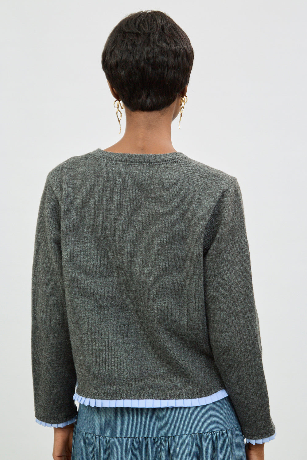 Charcoal grey bow button pleat hem cardigan_2