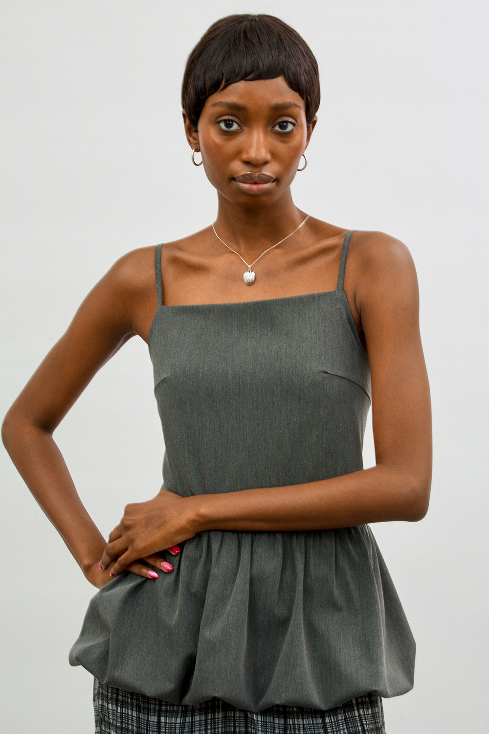 Charcoal grey open back peplum top_1