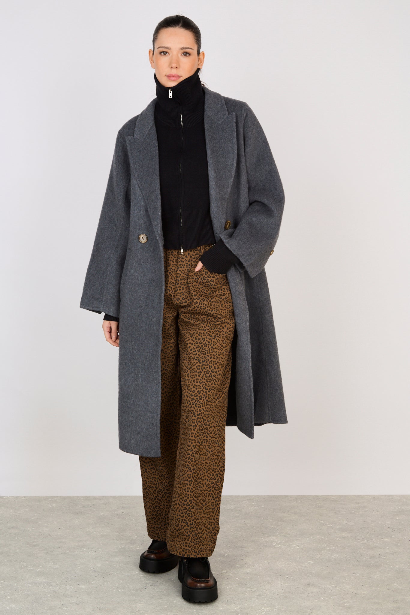 Charcoal grey wool blend double button belted coat_3