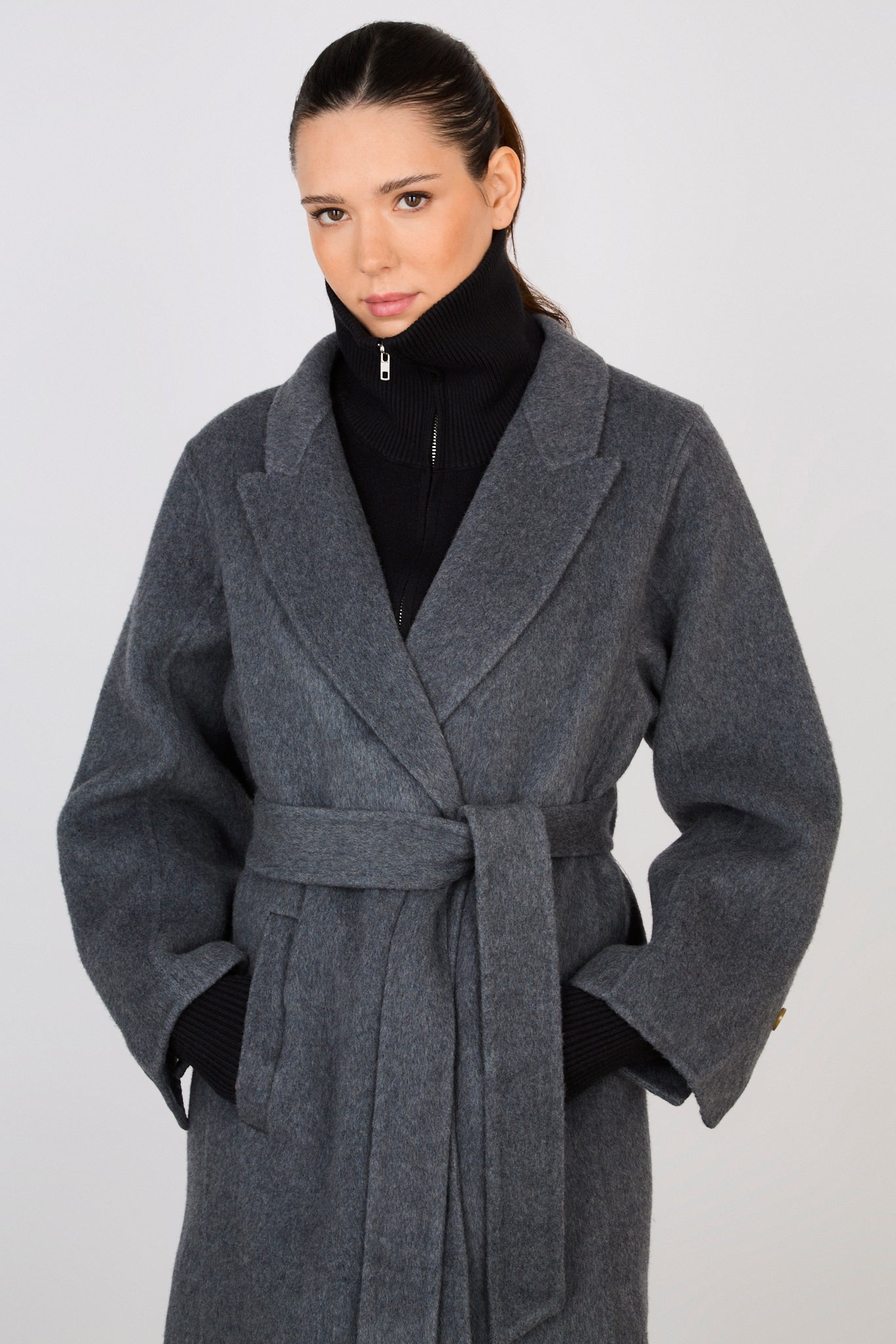 Charcoal grey wool blend double button belted coat_4