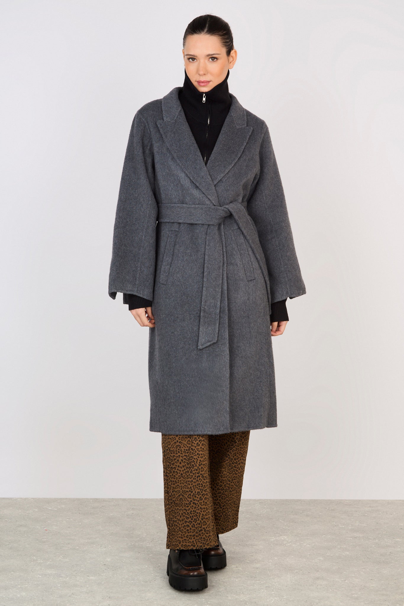 Charcoal grey wool blend double button belted coat_1