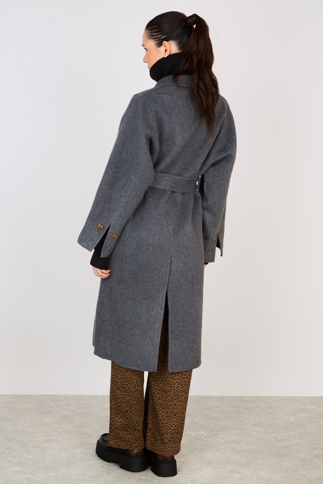 Charcoal grey wool blend double button belted coat_2