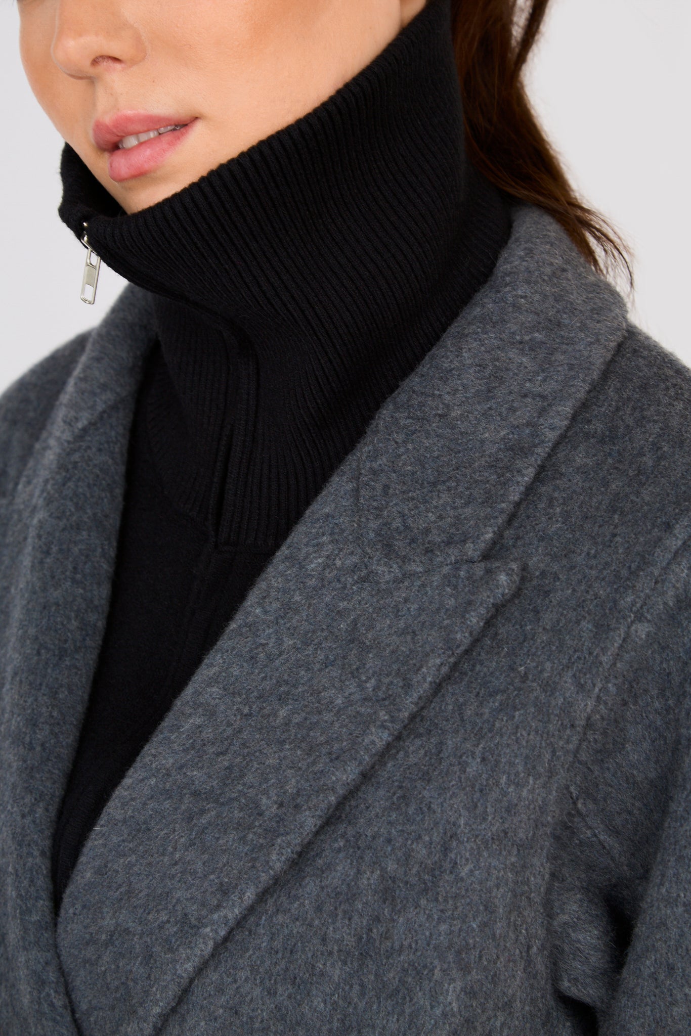 Charcoal grey wool blend double button belted coat_5