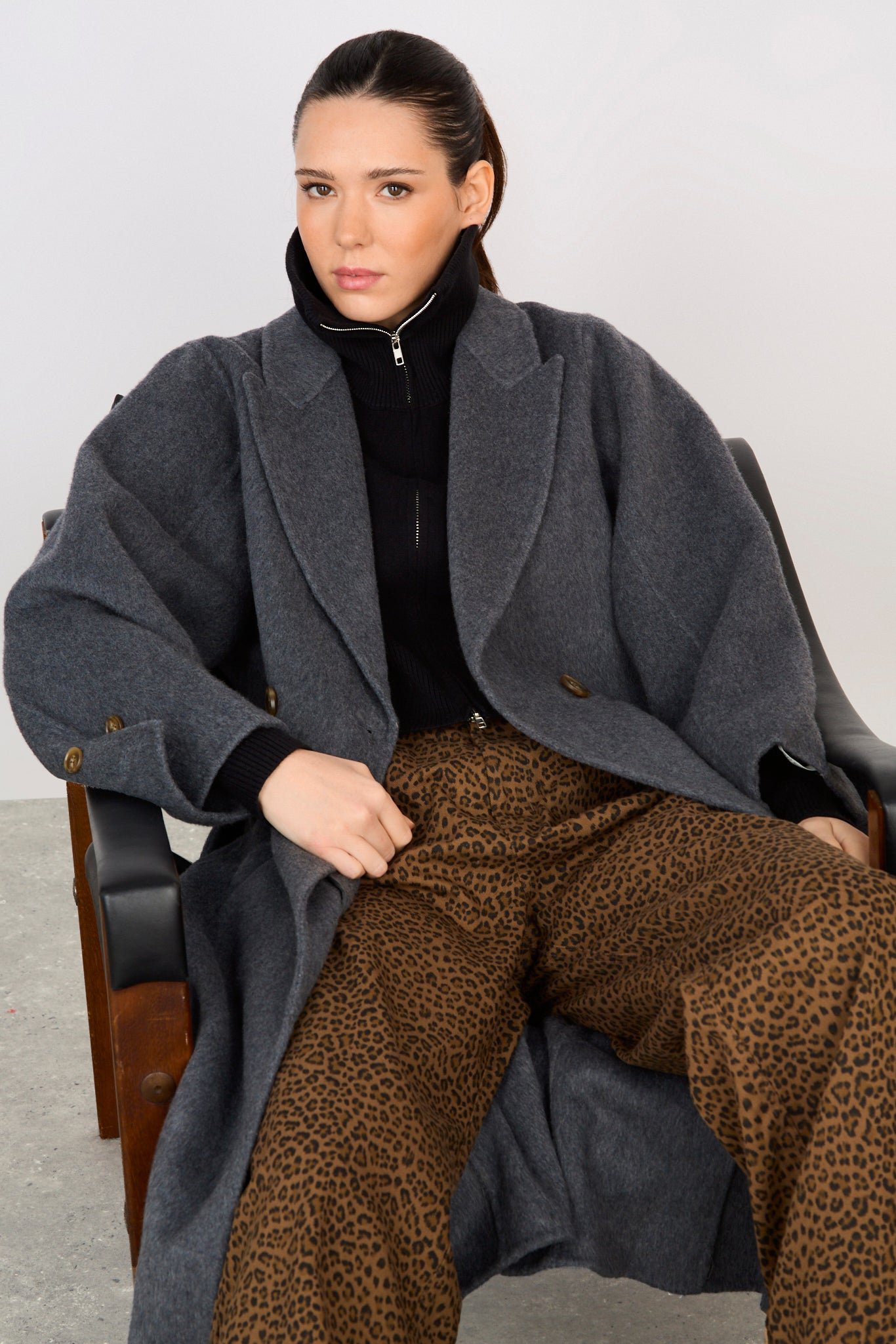 Charcoal grey wool blend double button belted coat_6