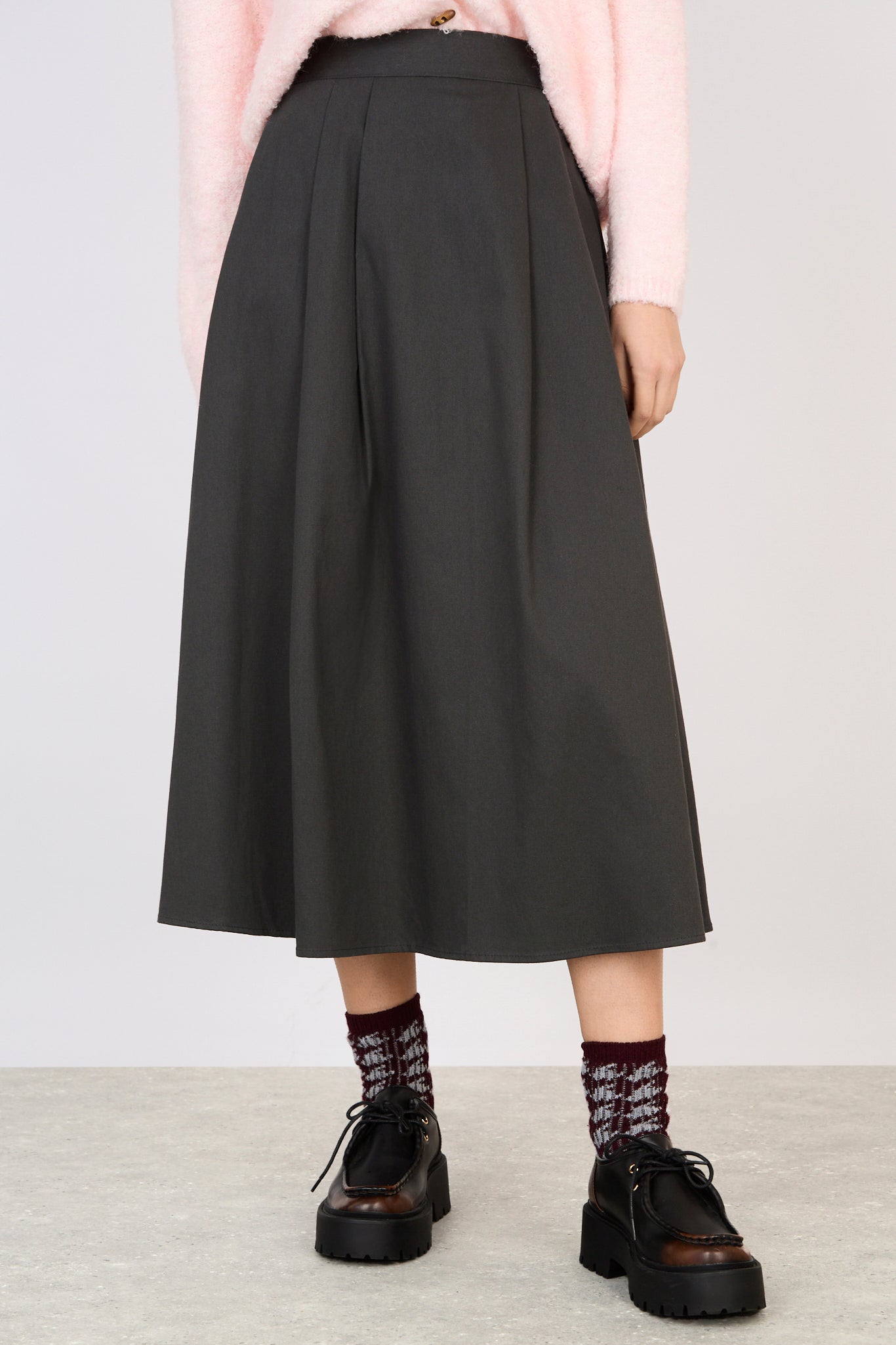 Charcoal pleated cotton twill midi skirt_1