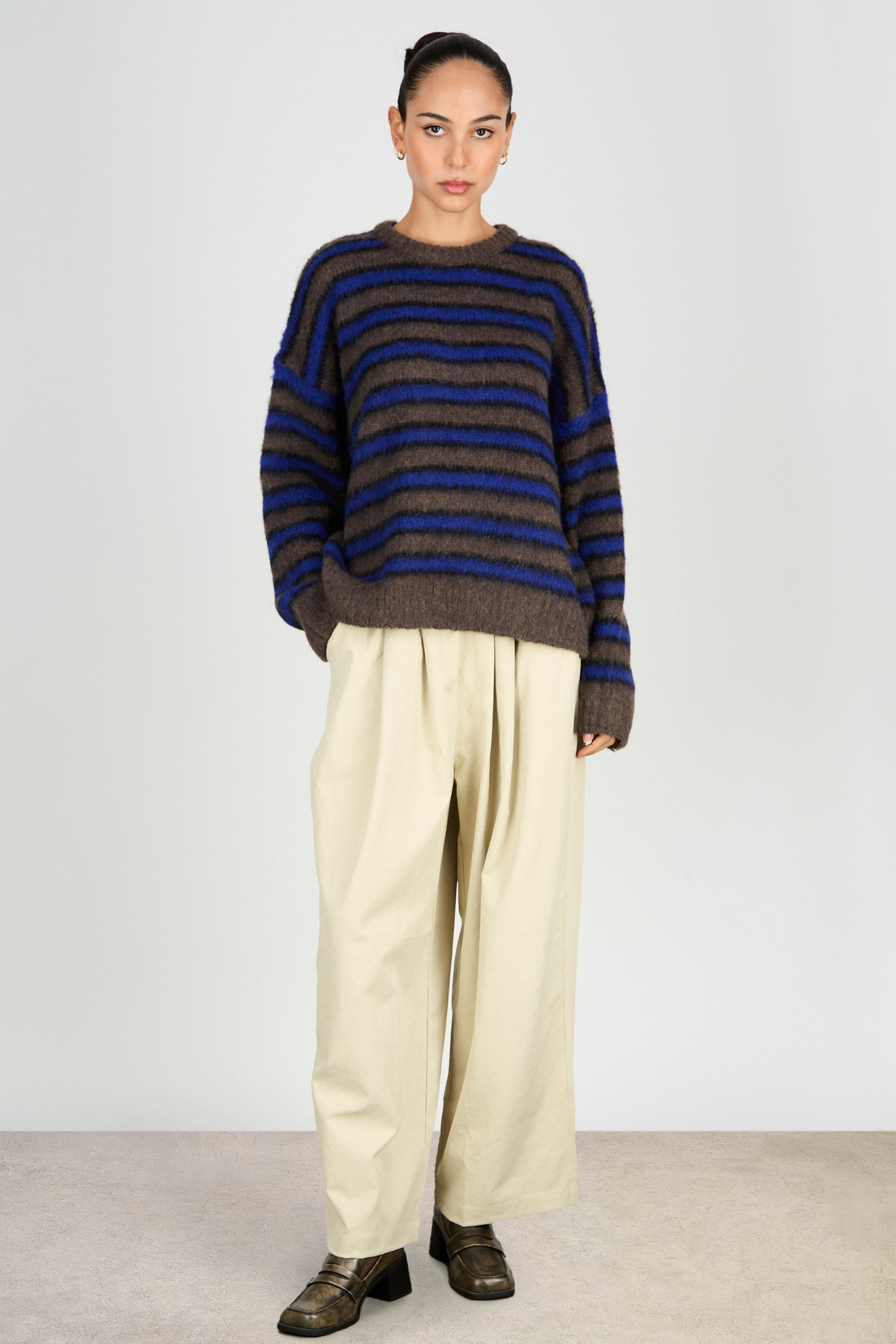 Cobalt blue and brown alpaca wool blend stripe crew neck jumper_4