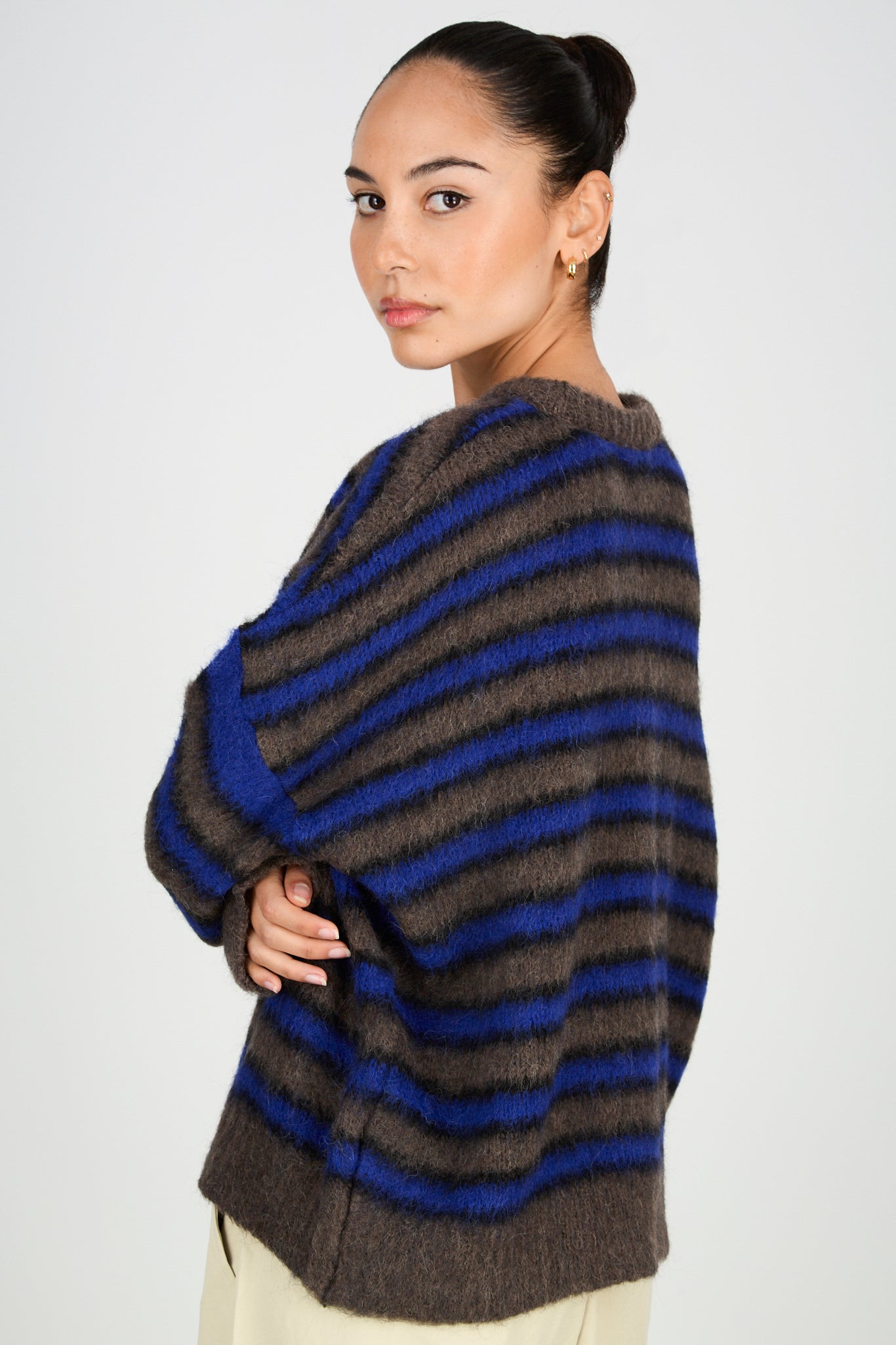 Cobalt blue and brown alpaca wool blend stripe crew neck jumper_2