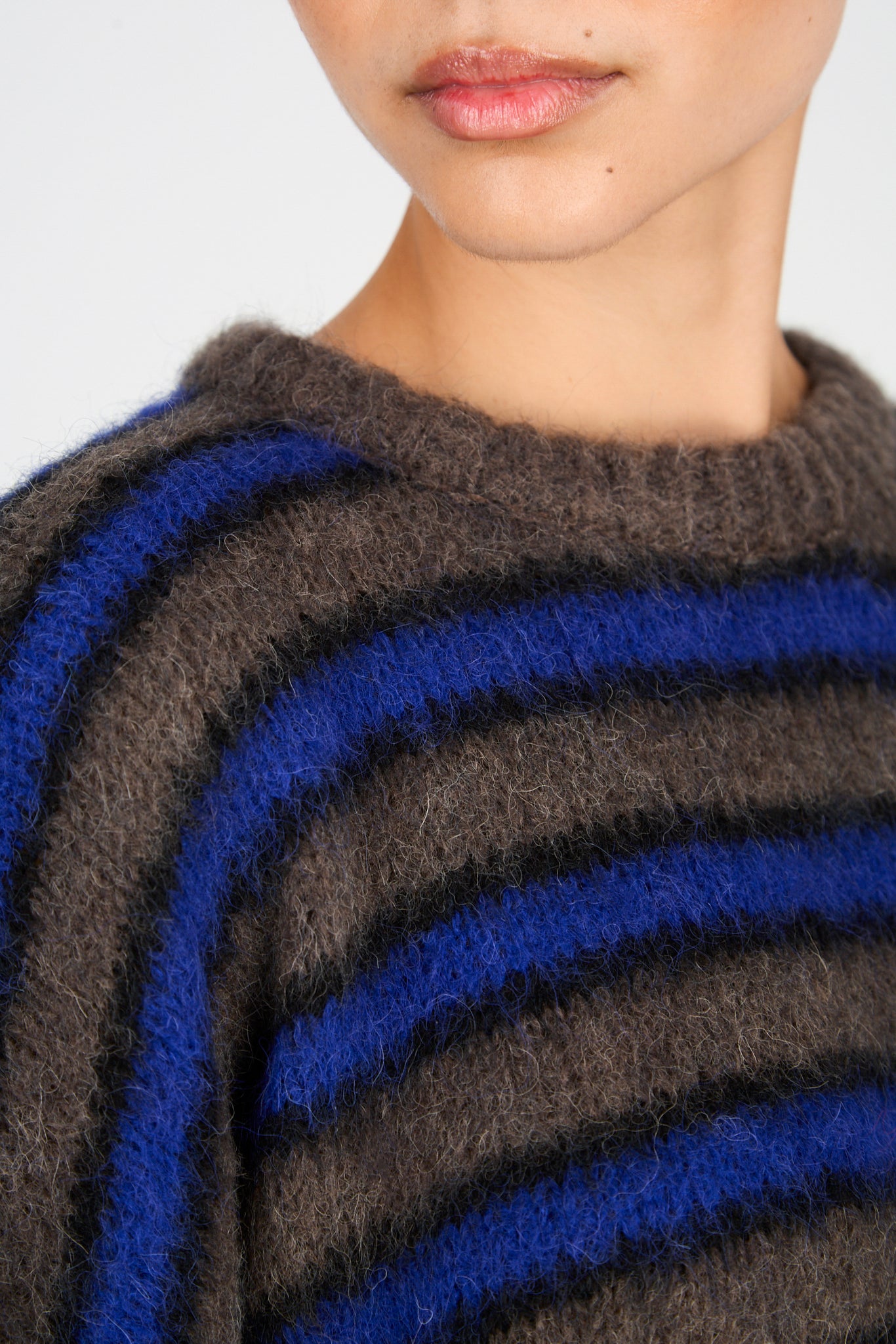 Cobalt blue and brown alpaca wool blend stripe crew neck jumper_3