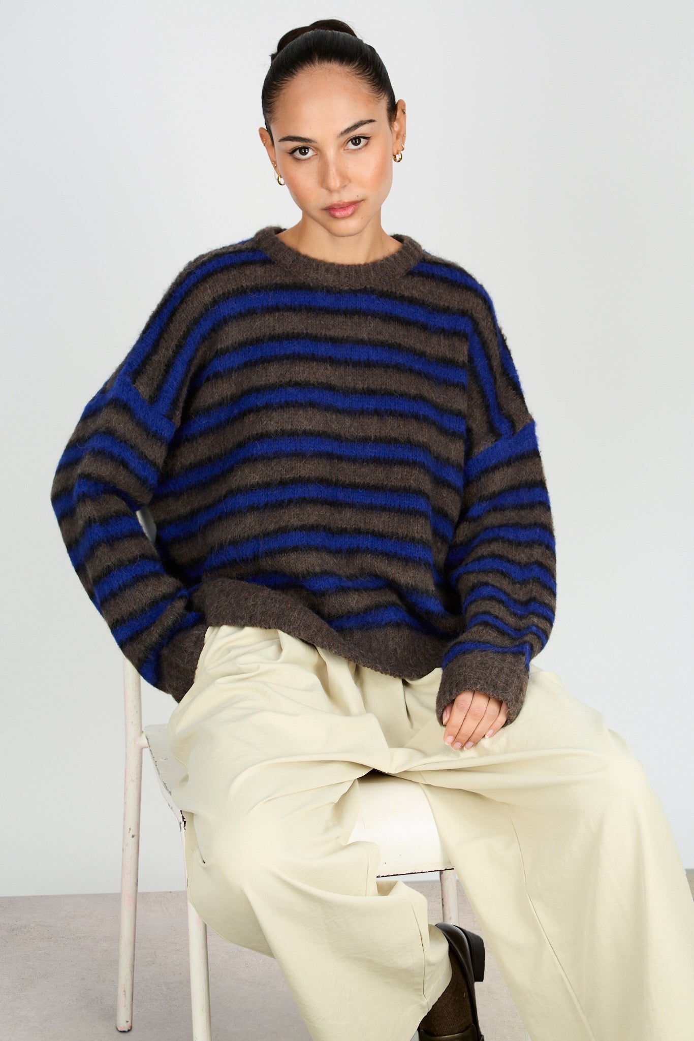 Cobalt blue and brown alpaca wool blend stripe crew neck jumper_5