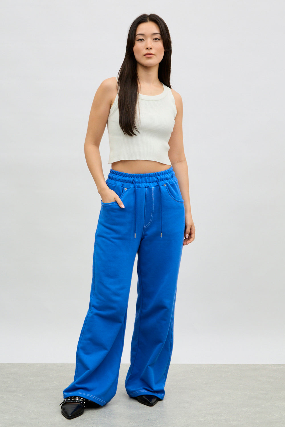 Cobalt blue contrast stitch wide leg sweat pants_4