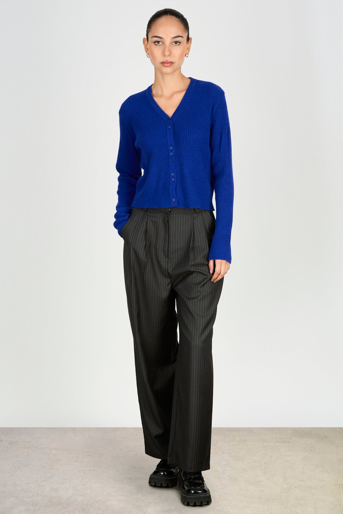 Cobalt blue staggered double button cardigan_5