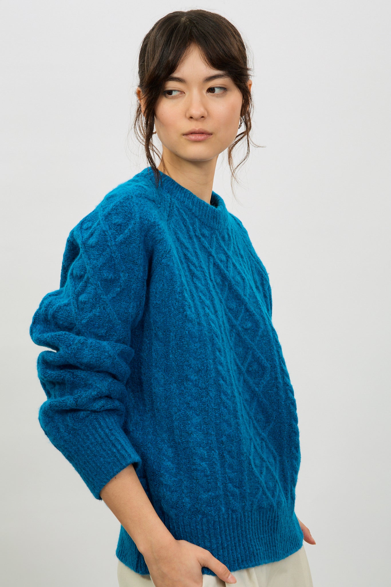 Cobalt bobble cable knit crew neck jumper_1