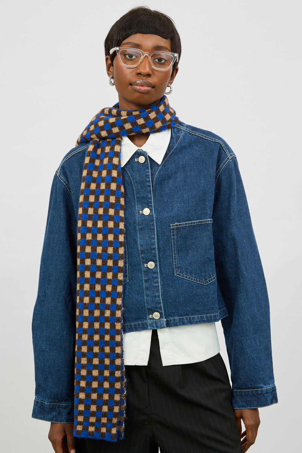 Cobalt brown and beige gingham scarf_4