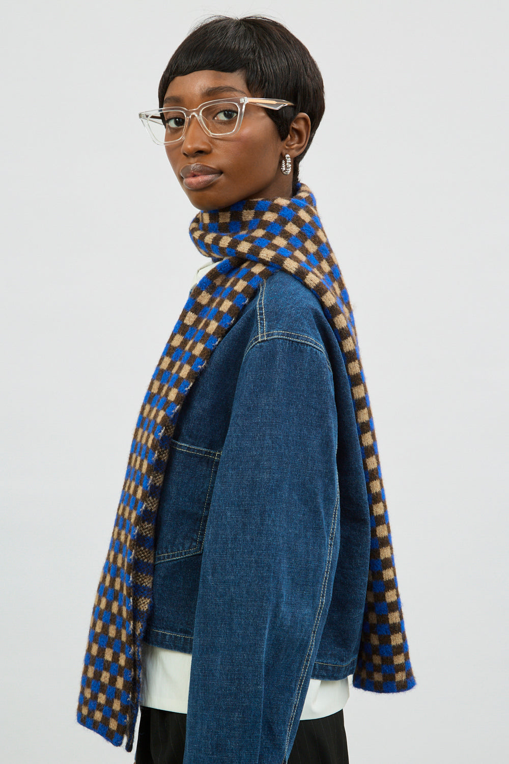 Cobalt brown and beige gingham scarf_5