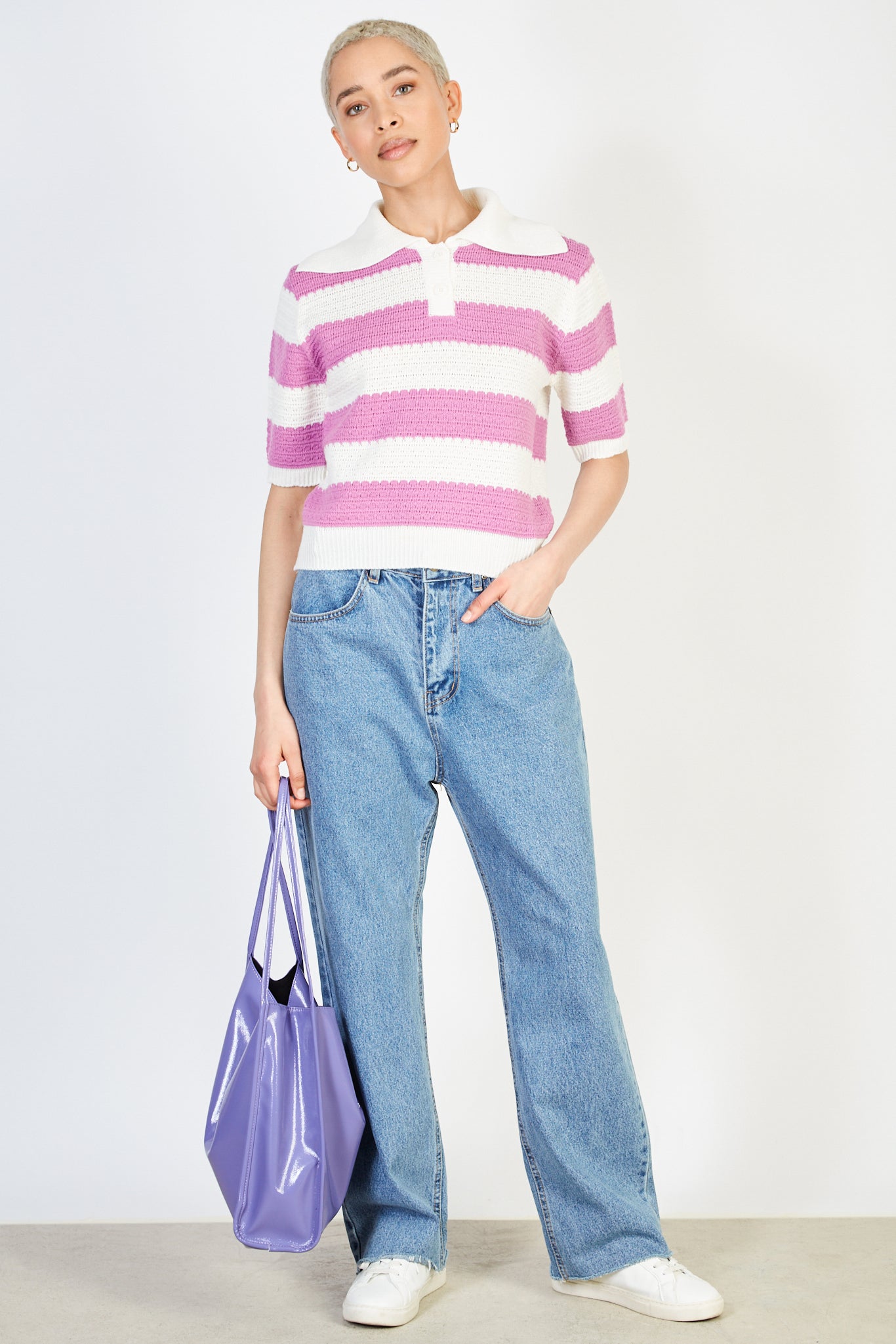Cream and lilac striped knit collar tee_4