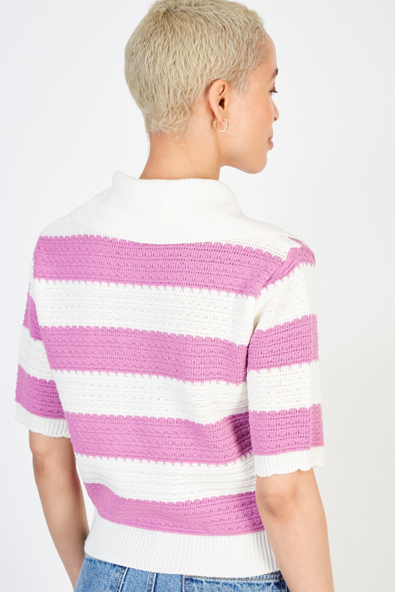 Cream and lilac striped knit collar tee_2