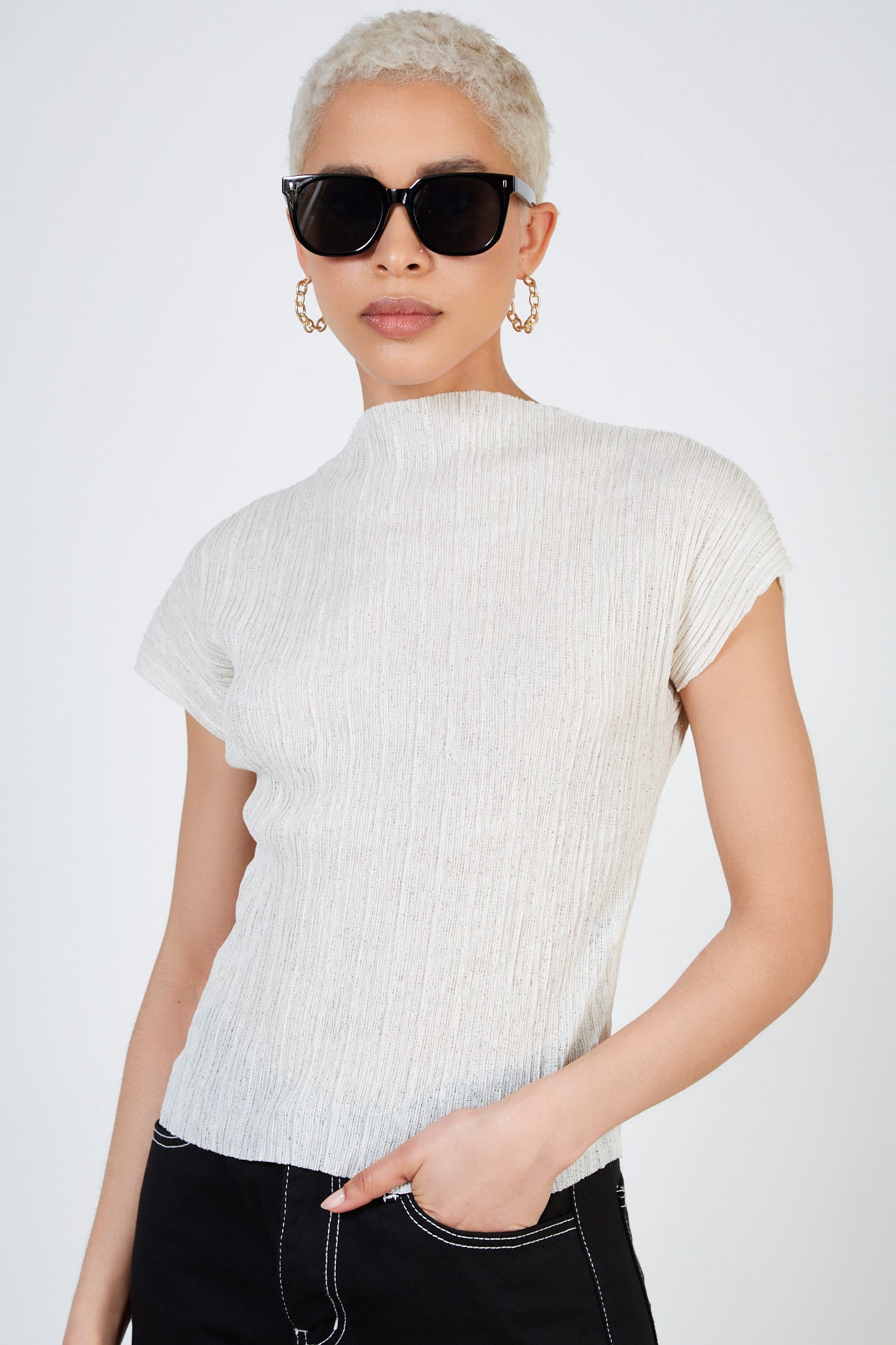 Cream pleat ribbed short sleeved top_2